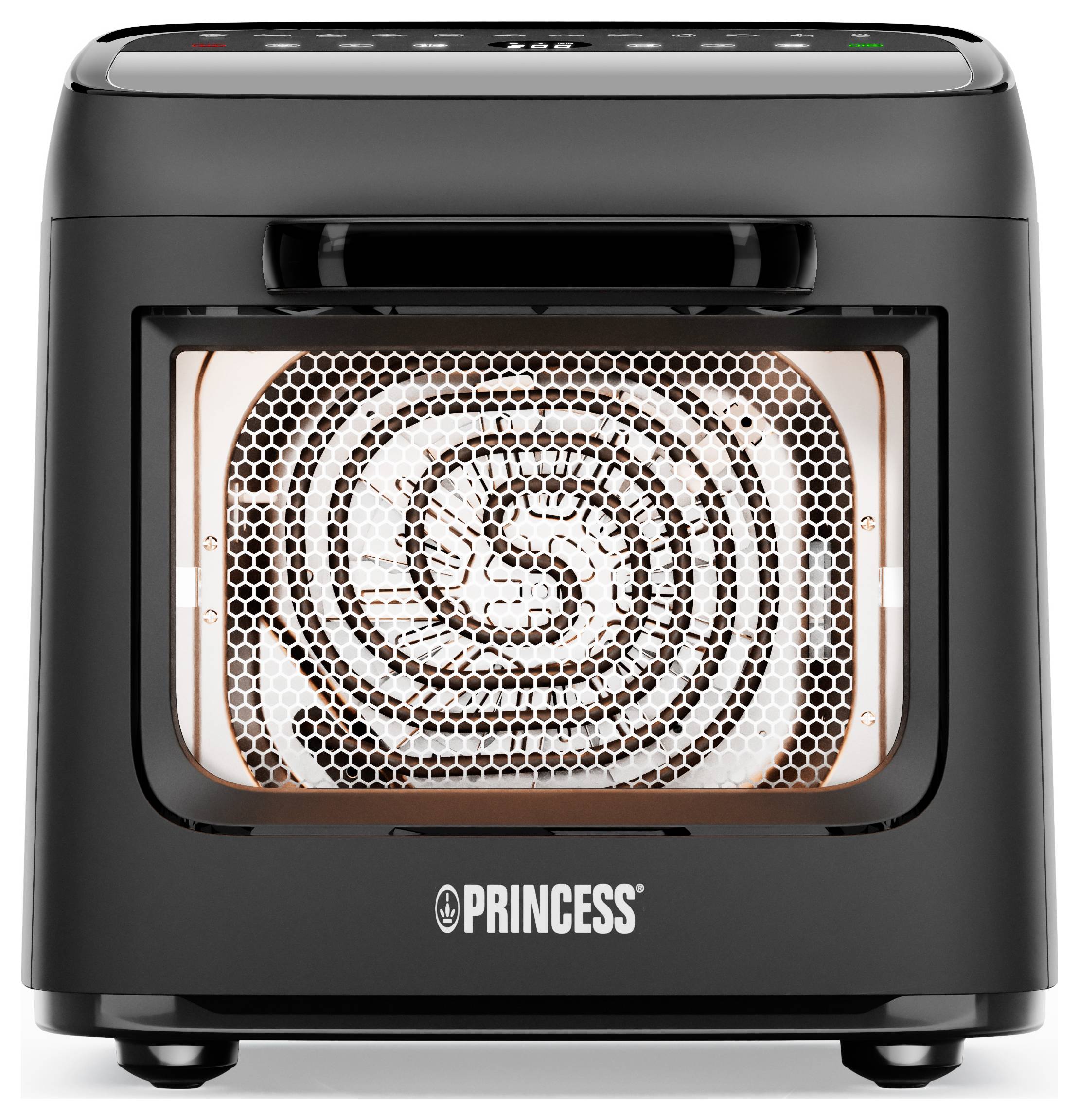 Ein schwarzer kompakter Elektroheizer mit sichtbarem Heizelement im Inneren und einem digitalen Bedienfeld auf der Oberseite.