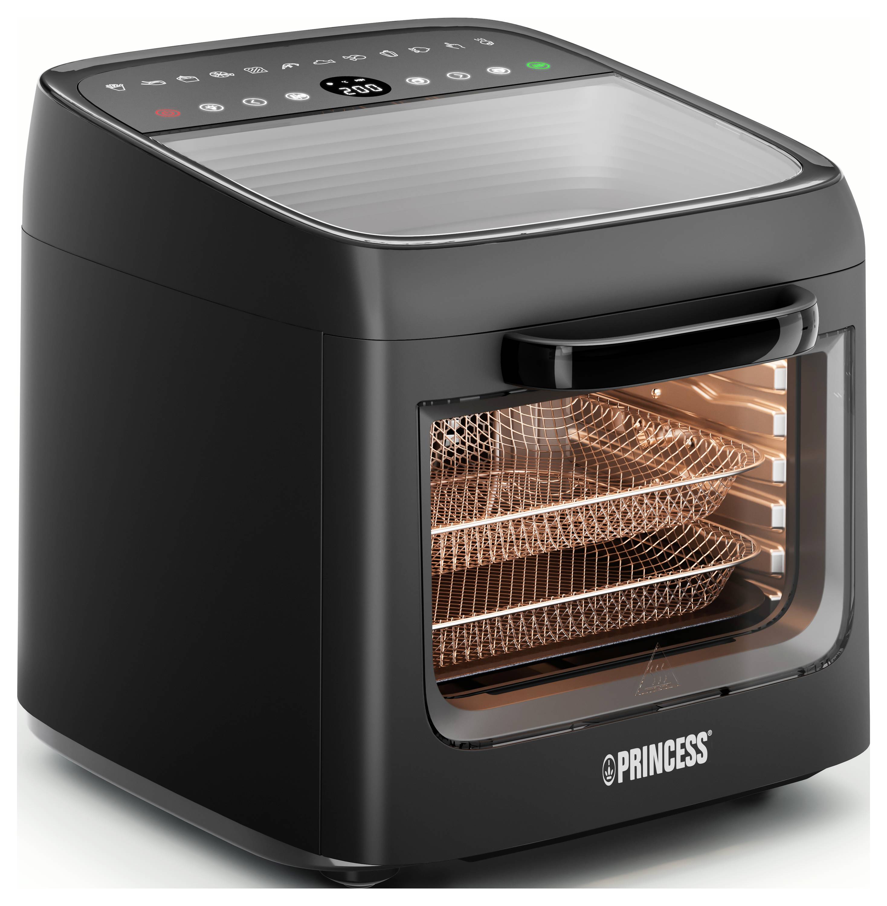 Ein schwarzer Heißluftfritteuse mit einem digitalen Display auf der Oberseite und einer transparenten Frontscheibe, die drei übereinander angeordnete Gitterablage zeigt, die orange leuchten.