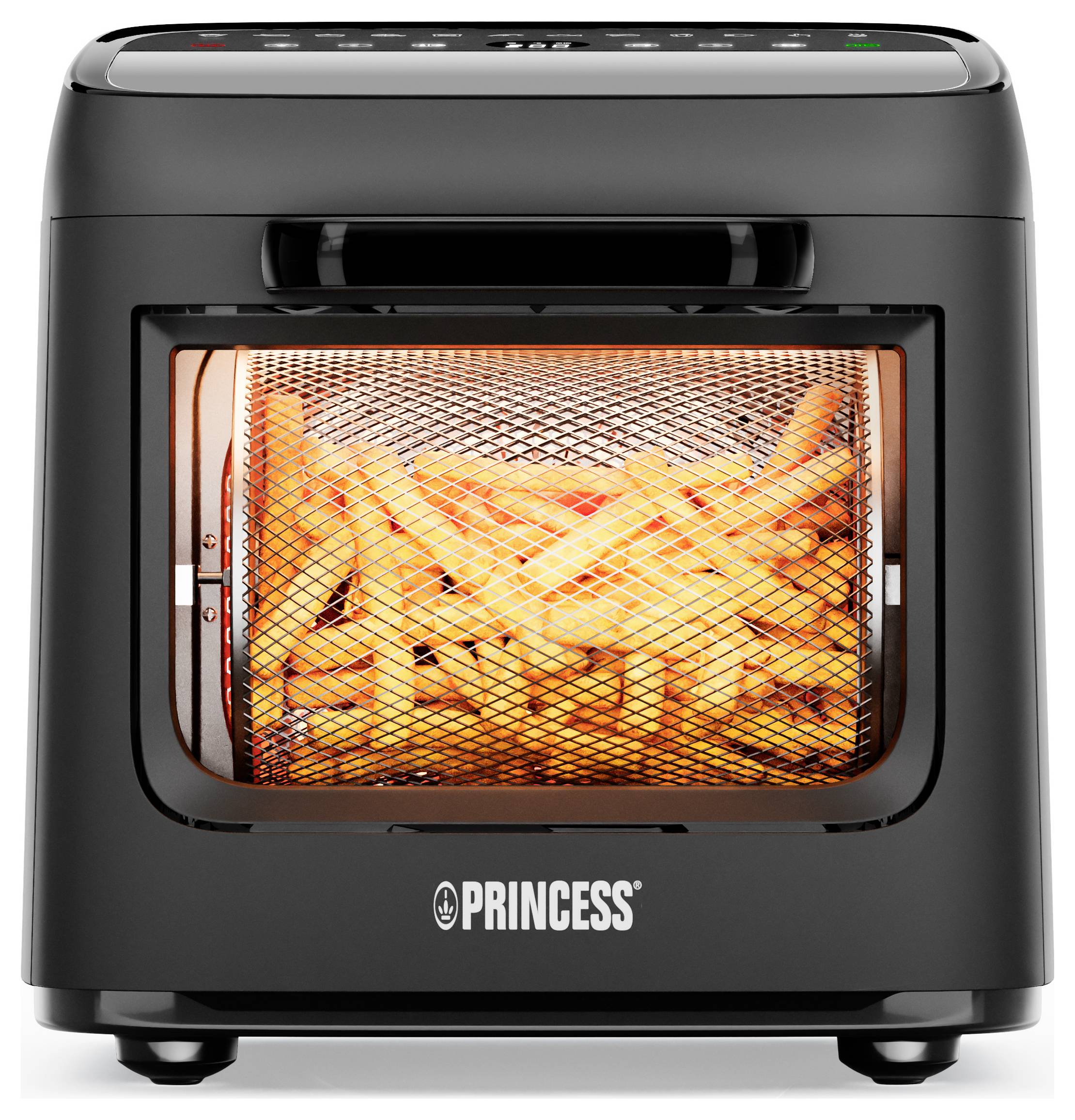 Ein schwarzer Heißluftfritteuse mit einem digitalen Display kocht Pommes frites. Die Fritten sind durch die transparente Vordertür sichtbar.