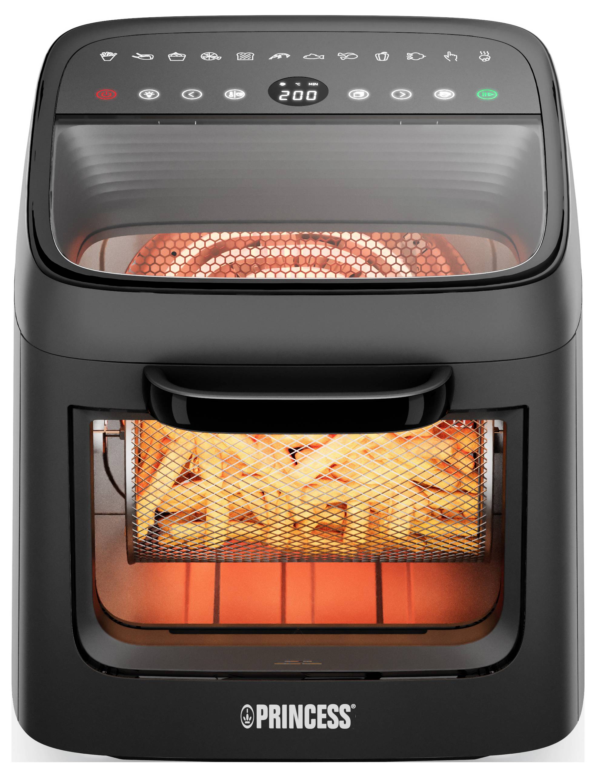 'Princess' Heißluftfritteuse mit digitaler Steuerung, auf der Pommes frites zubereitet werden.