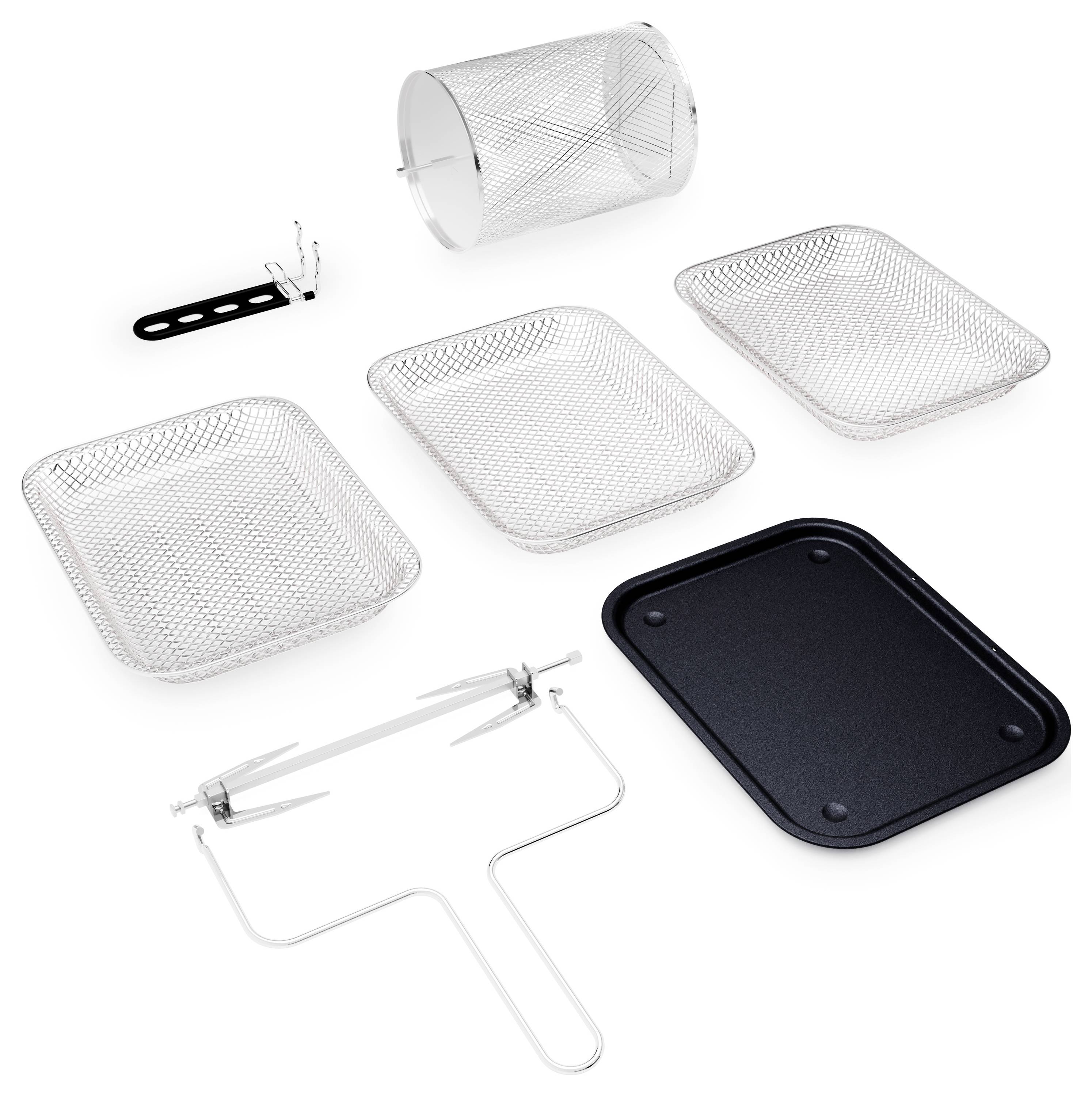 Luftfritteusen-Zubehör-Set enthält Gitternetzkörbe, Rotisserie-Käfig, Spieße, Hebewerkzeug und Auffangschale, konzipiert für vielseitige Kochmöglichkeiten.