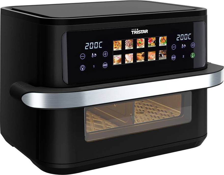 Ein schwarzer Heißluftfritteuse mit einem digitalen Touchscreen, der voreingestellte Kochoptionen und Temperatureinstellungen von 200°C anzeigt.