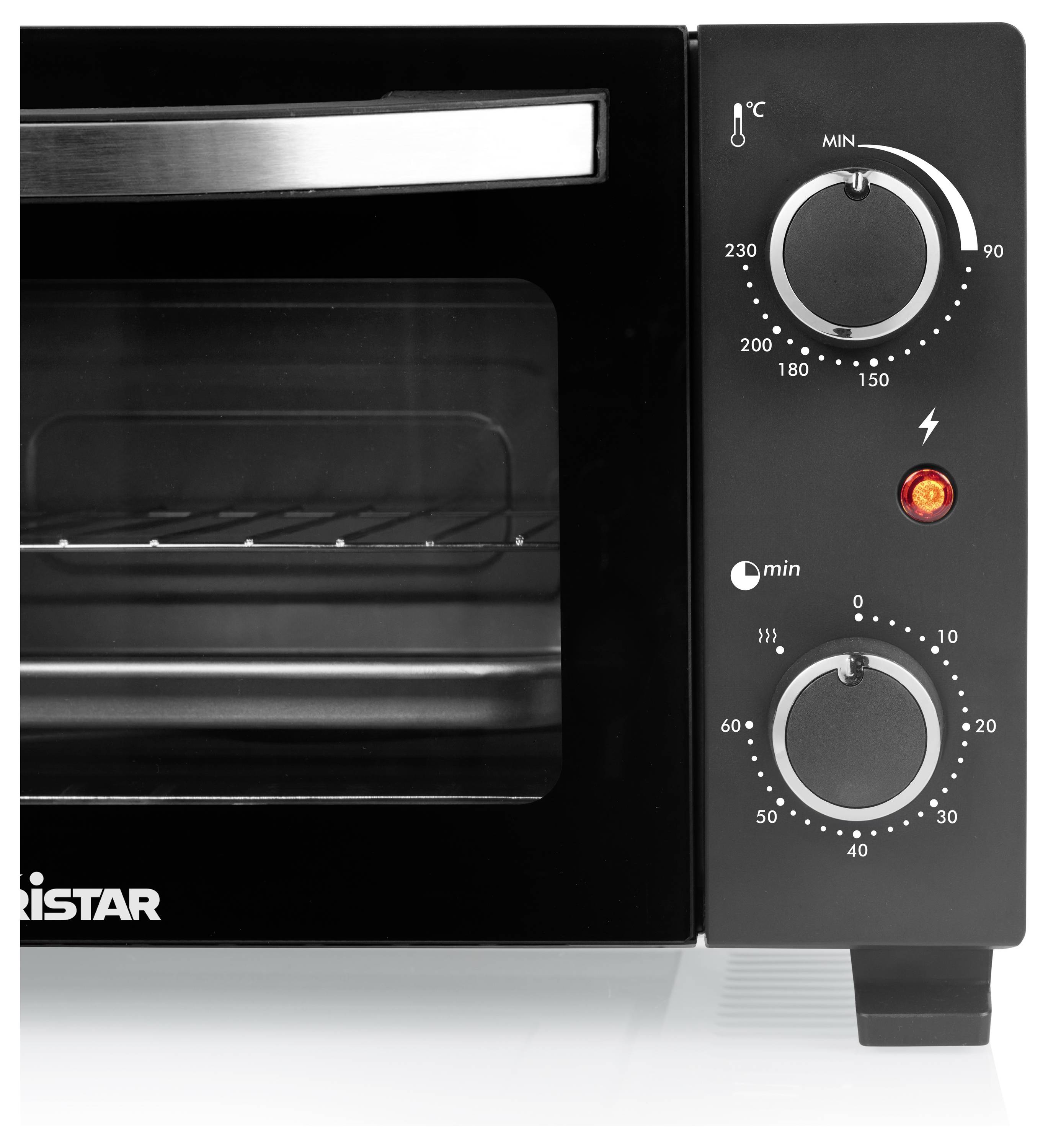 Ein schwarzer Ofen mit Temperatur- und Timerdrehreglern, einer Heizanzeige und einem sichtbaren Metallrost im Inneren.