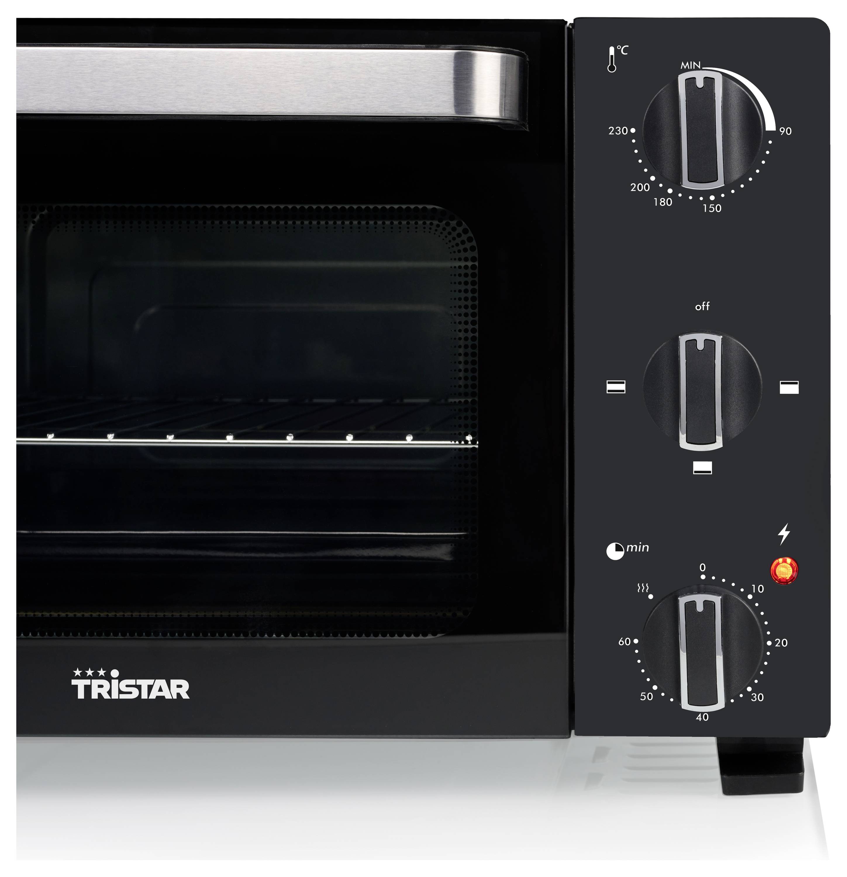 Tragbarer Arbeitsplatteofen mit Drehreglern für Temperatur, Funktion und Timer auf der rechten Seite. Die Ofentür hat ein Glastenfster und ein einzelnes Gitterrost im Inneren.