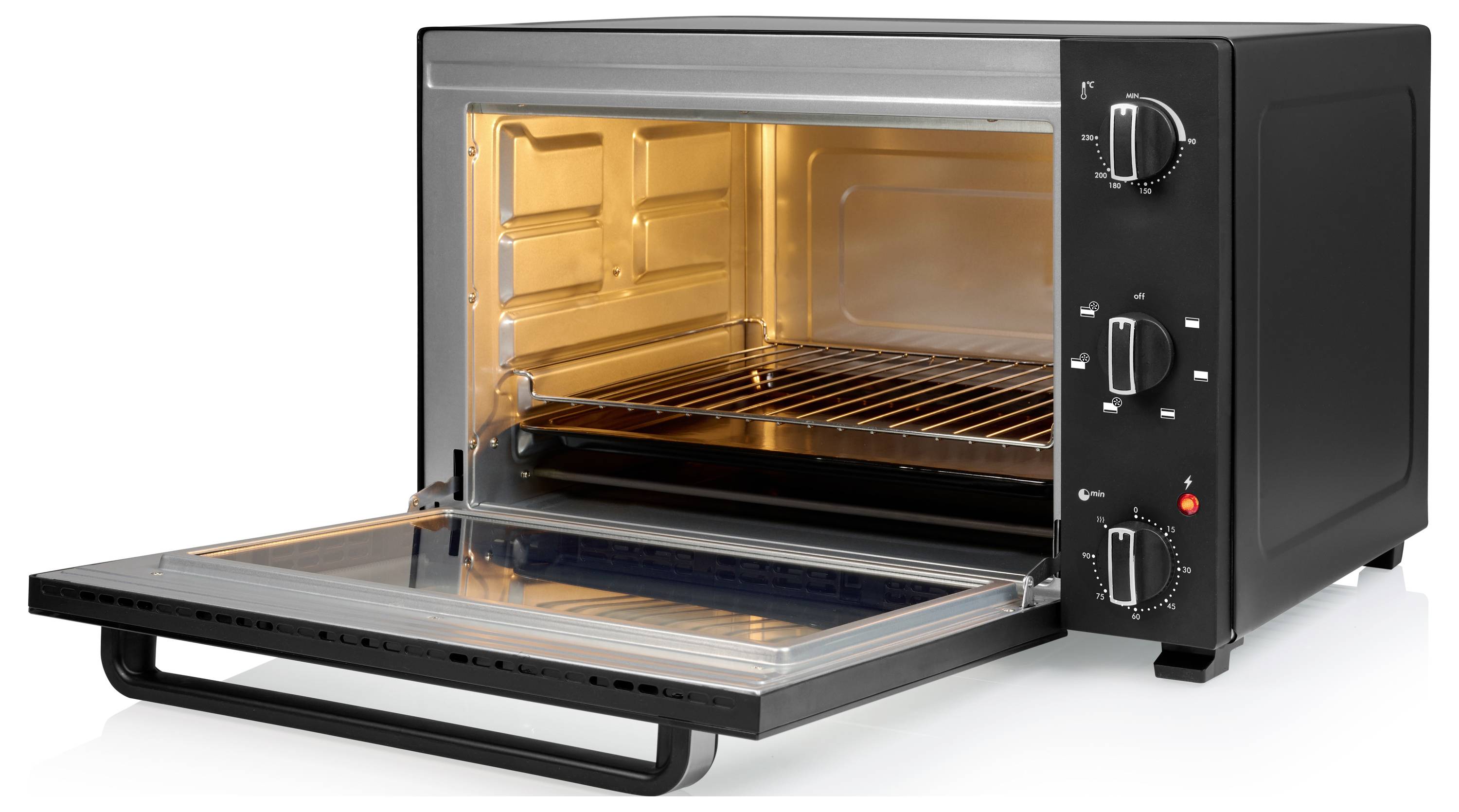 Ein schwarzer Toasterofen mit reflektierendem Innenraum; die Tür ist offen und zeigt zwei Gitterroste im Inneren. Bedienknöpfe befinden sich auf der rechten Seite des Geräts.