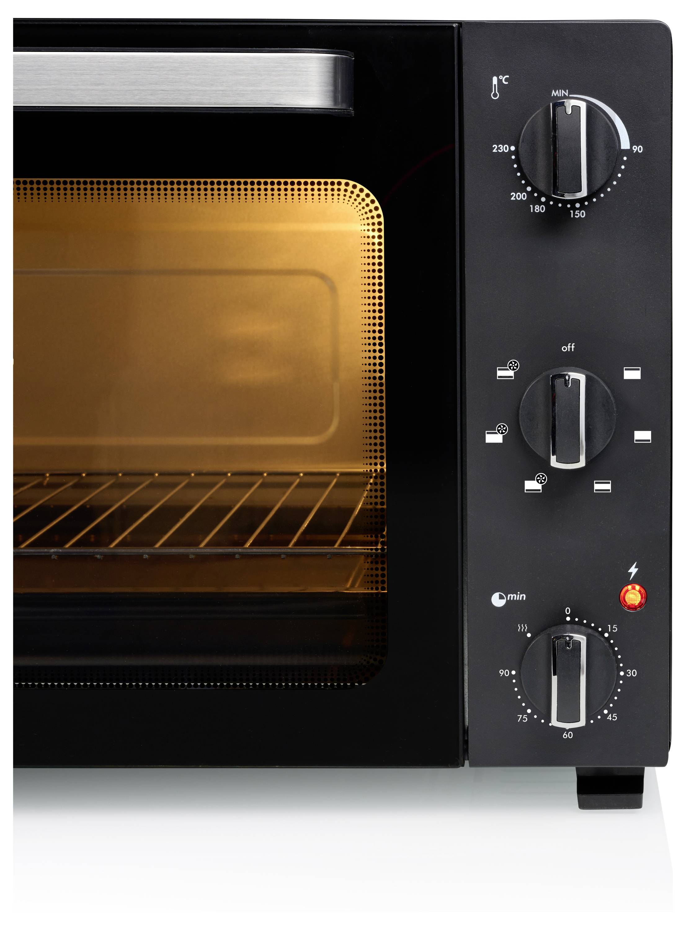 Ein schwarzer Toasterofen mit drei Drehreglern auf der rechten Seite für Temperatur-, Funktions- und Timereinstellungen sowie einem sichtbaren inneren Gitterrost hinter der Glastür.