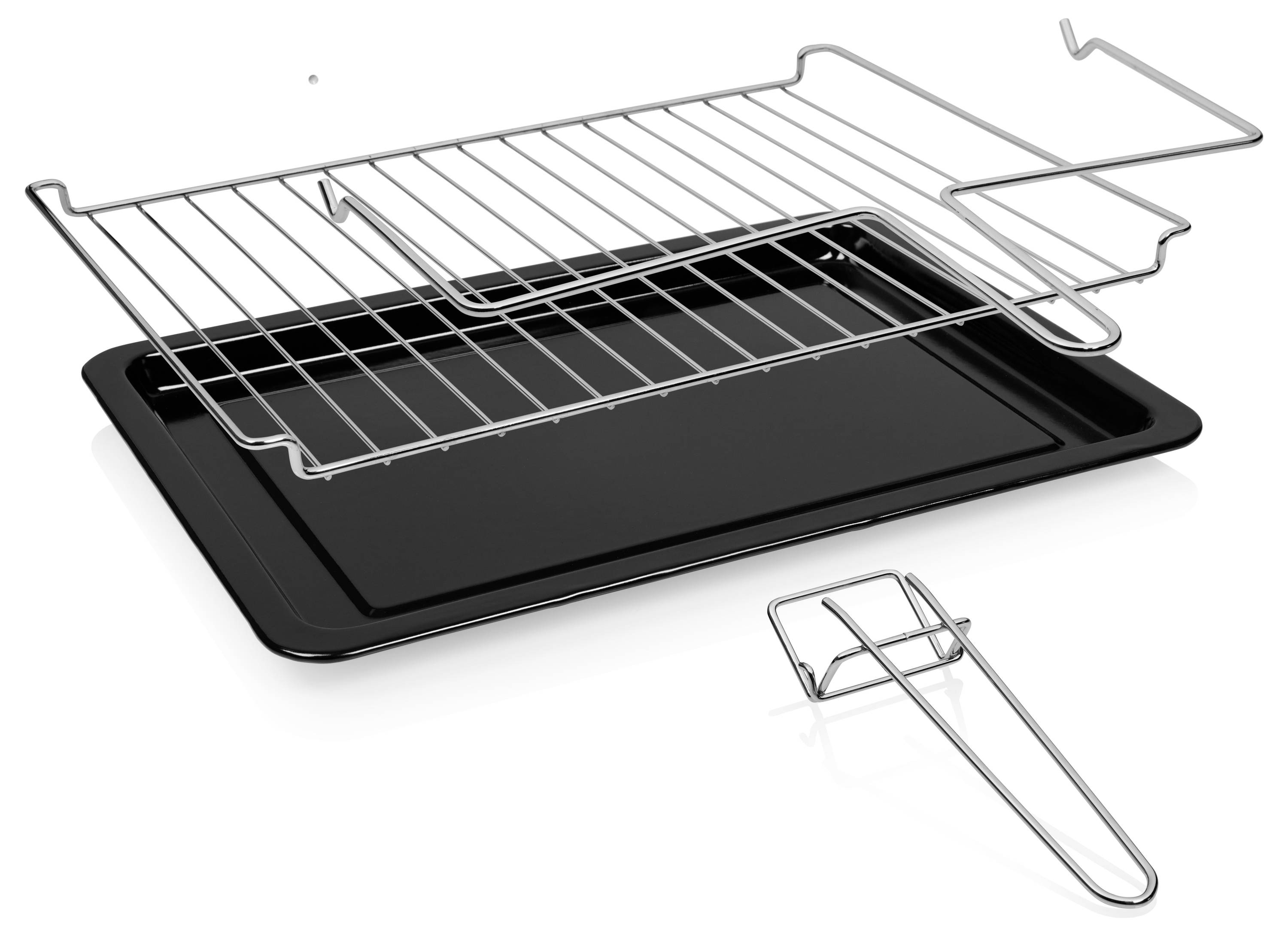 Schwarzer Tischkonvektionsofen mit Glastür, mit drei Bediendrehknöpfen an der Seite für Temperatur-, Funktions- und Timereinstellungen.