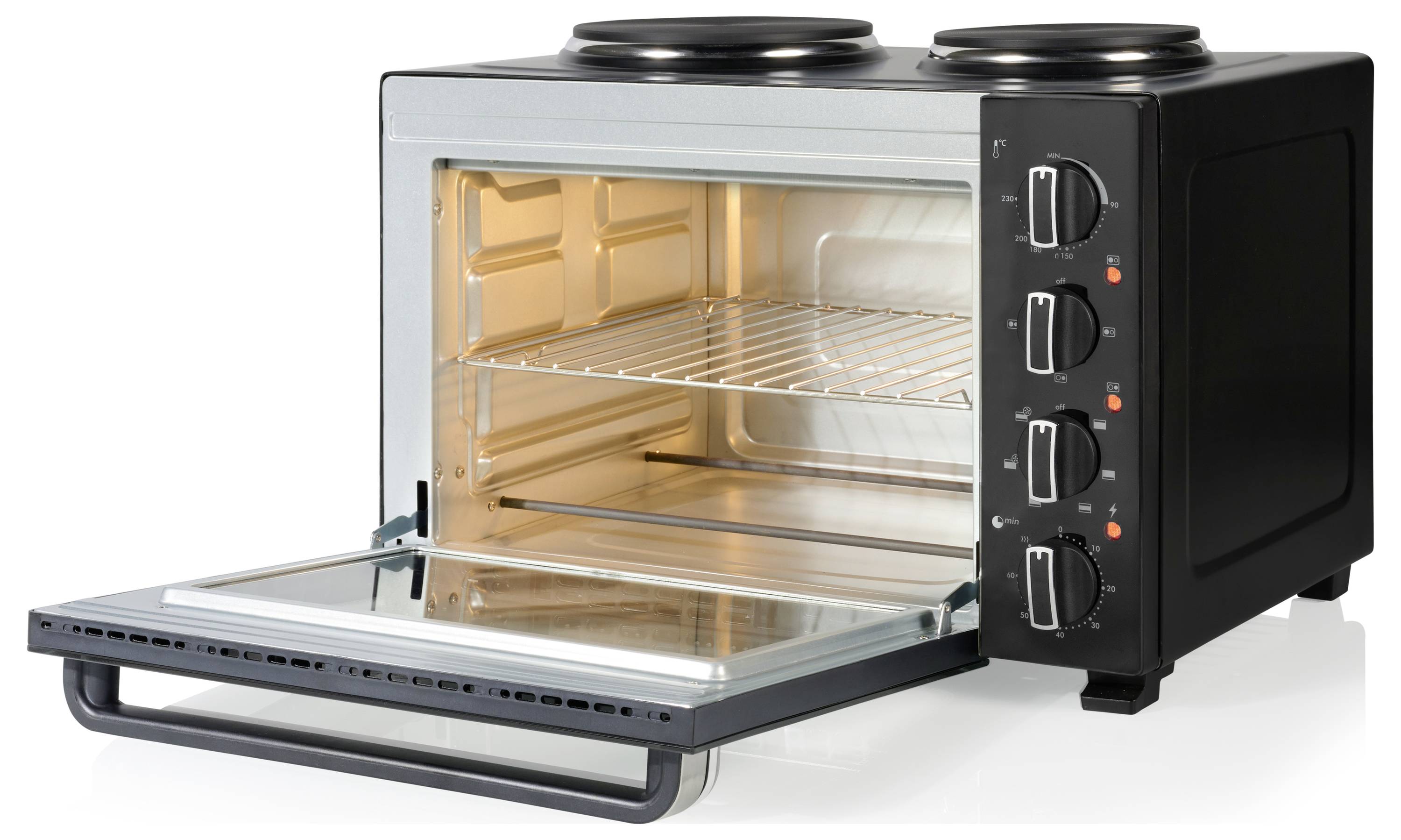 Ein kompakter Tischbackofen mit zwei Kochplatten, mit Bedienknöpfen auf der rechten Seite und einer offenen Fronttür.