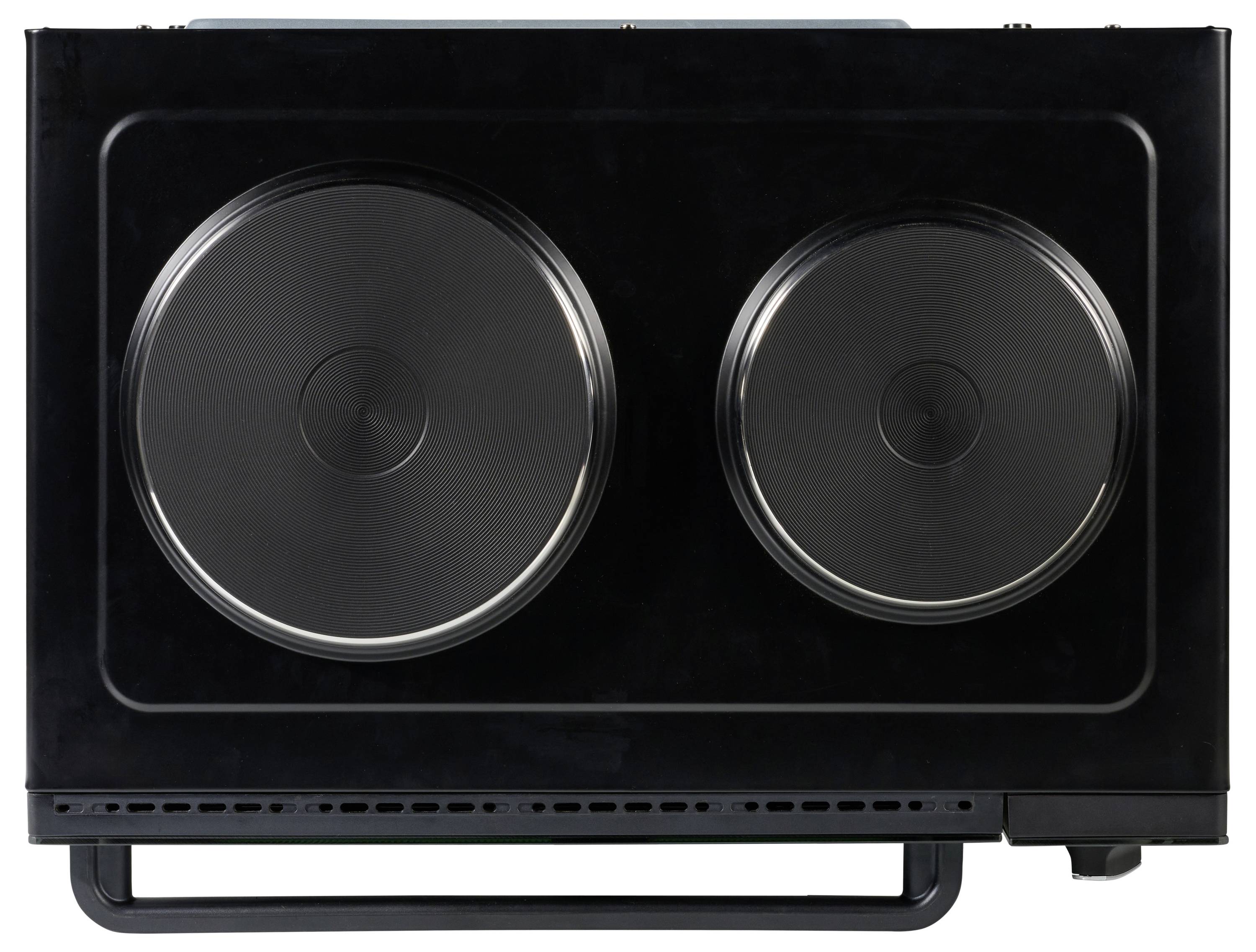 Ein schwarzer Mikrowellenherd mit einer Tür, auf deren Frontplatte sich zwei große kreisförmige Muster befinden, wahrscheinlich ein Design- oder Funktionselement.