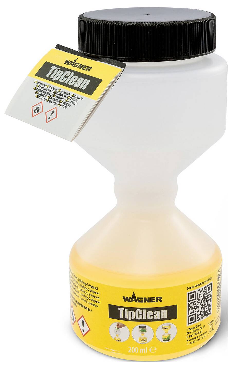 Wagner TipClean-Flasche mit 200 ml Flüssigkeit und Warnhinweisen, entwickelt zum Reinigen von Farbsprüherspitzen. Mit Symbolen für gefährliche Stoffe.