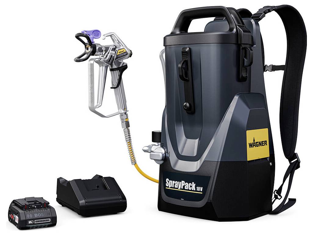 Wagner SprayPack 18V Rucksack-Farbsprühgerät mit Spritzpistole, Akku und Ladegerät. Schwarz-gelbes Design, geeignet für mobile Anwendungen.