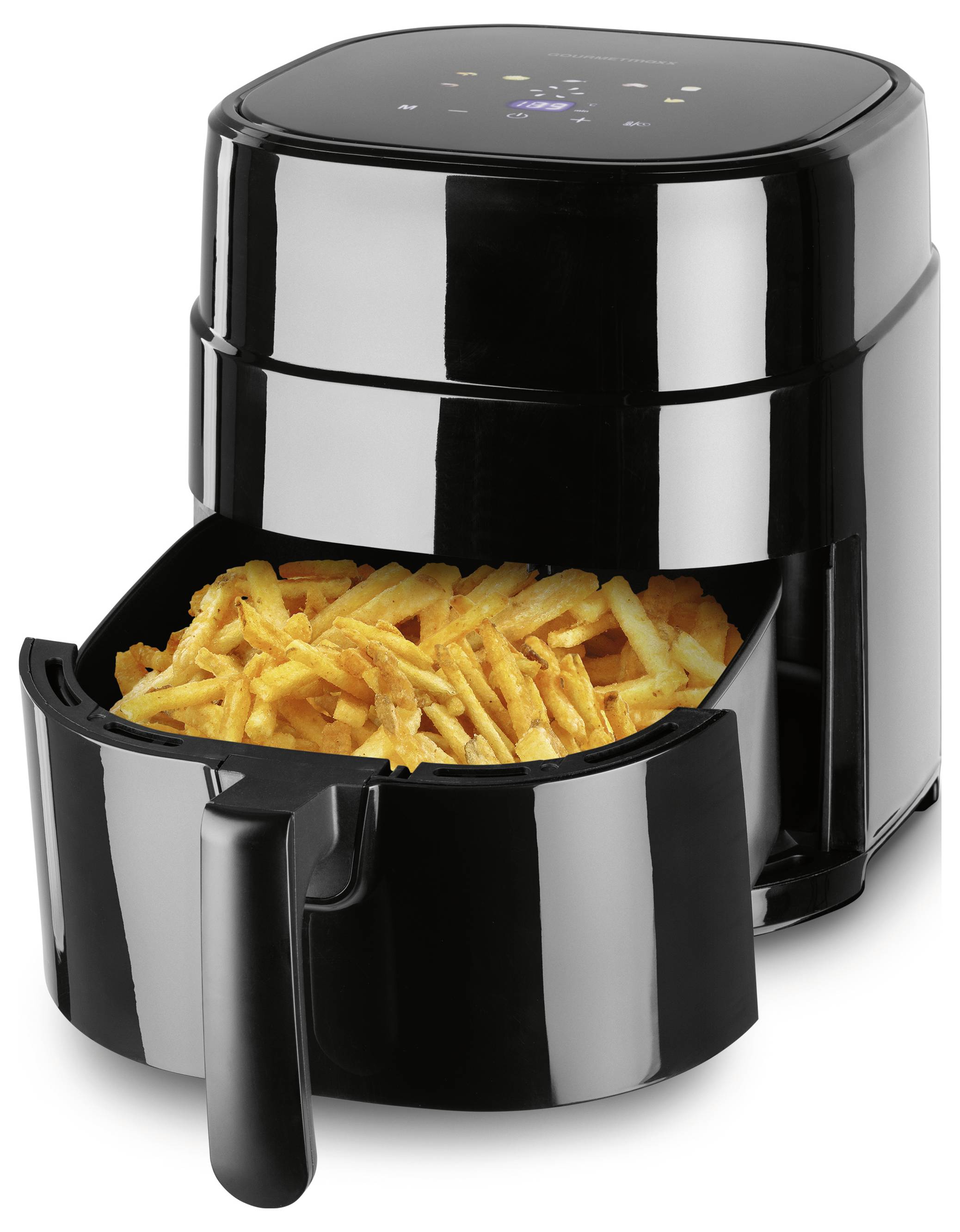 Ein schwarzer Heißluftfritteur mit einem teilweise herausgezogenen Korb, gefüllt mit gebackenen Pommes frites, der seine Funktion zum Frittieren von Speisen veranschaulicht.