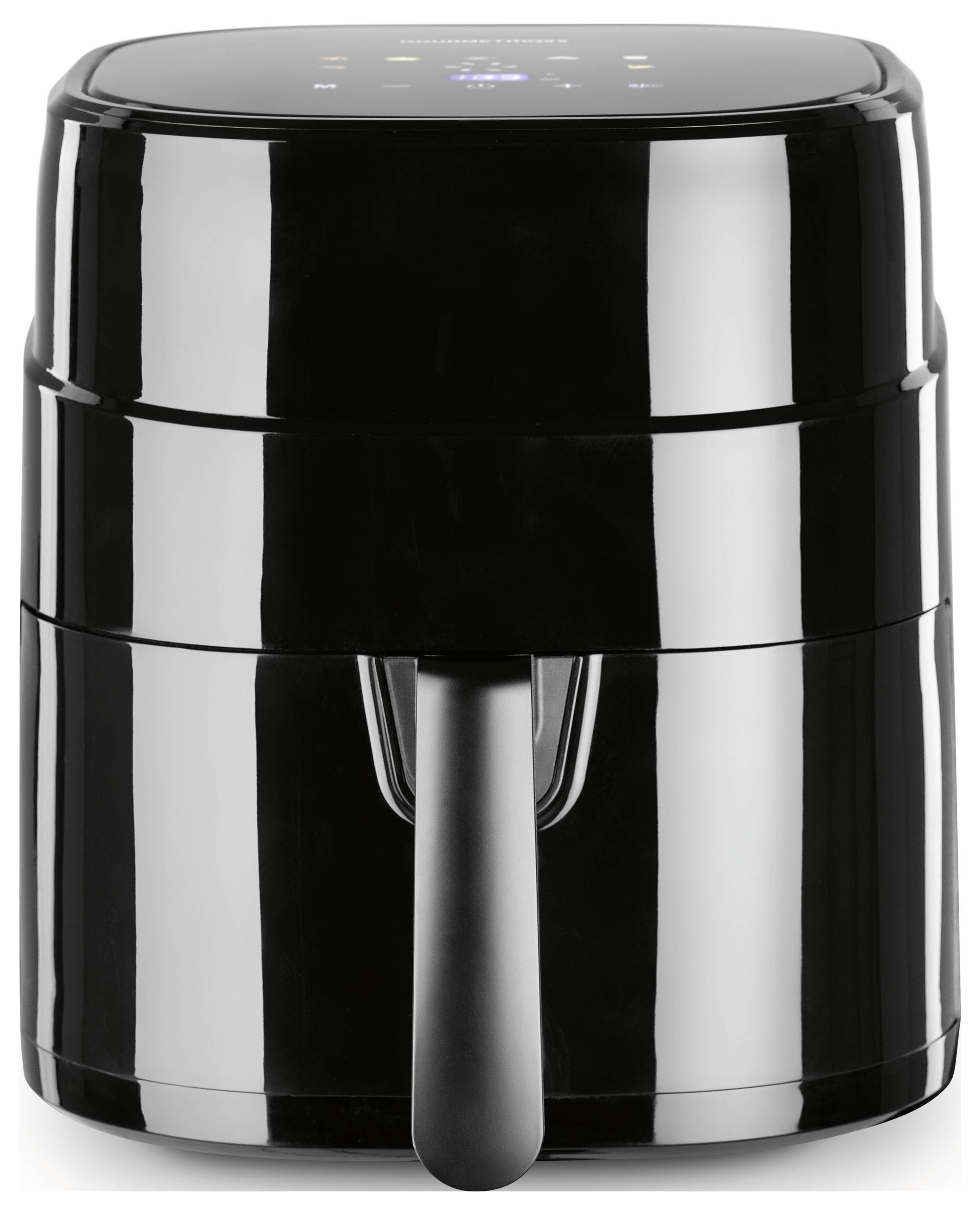 Ein schwarzer Heißluftfritteuse mit digitalem Touchdisplay oben, ausgestattet mit einem eleganten, modernen Design und einem Frontgriff, für die Verwendung in der Küche.