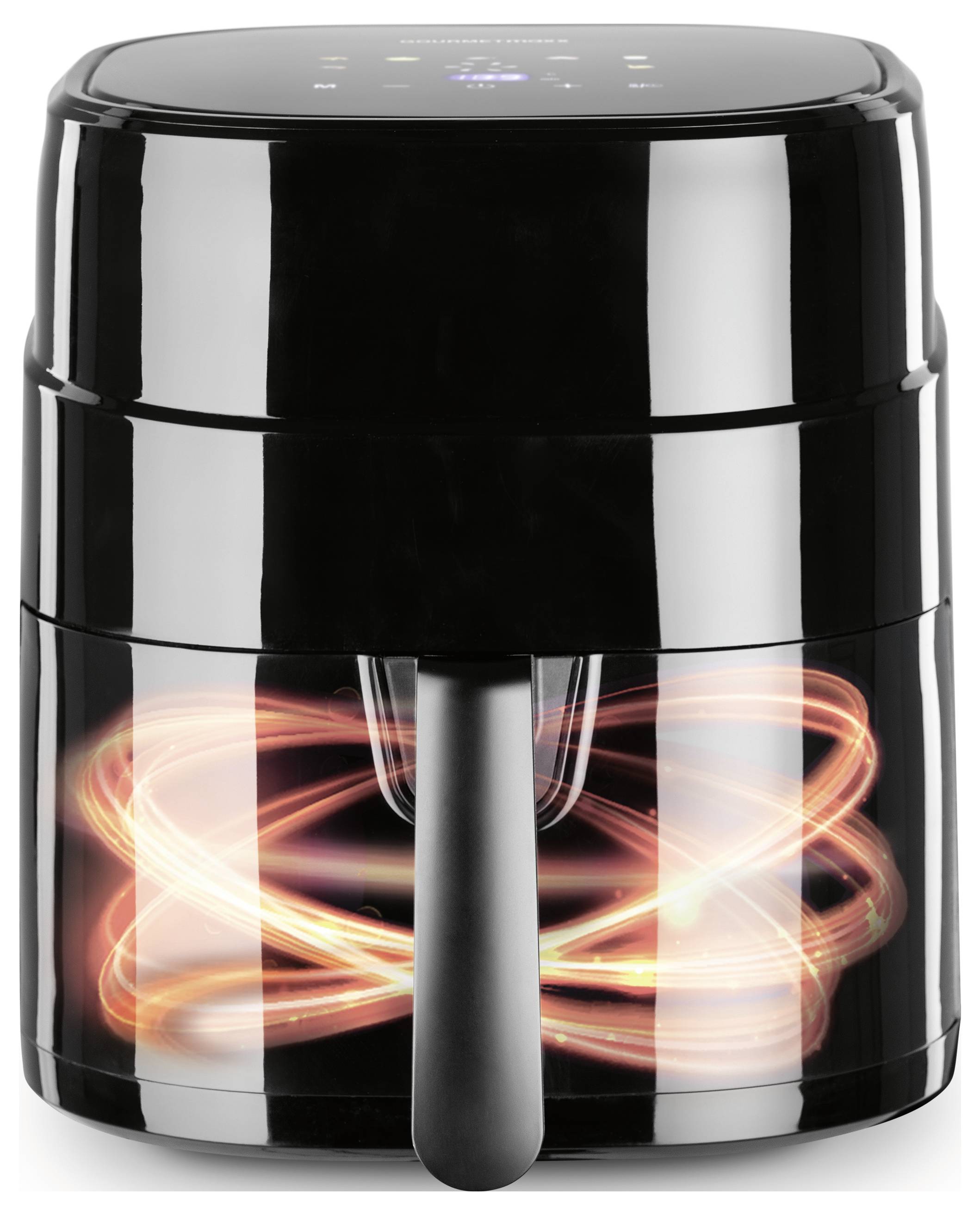 Ein schlanker schwarzer Heißluftfritteuse mit einer digitalen Anzeige an der Oberseite, die wirbelnde Hitze im Inneren zeigt und den Kochvorgang veranschaulicht.
