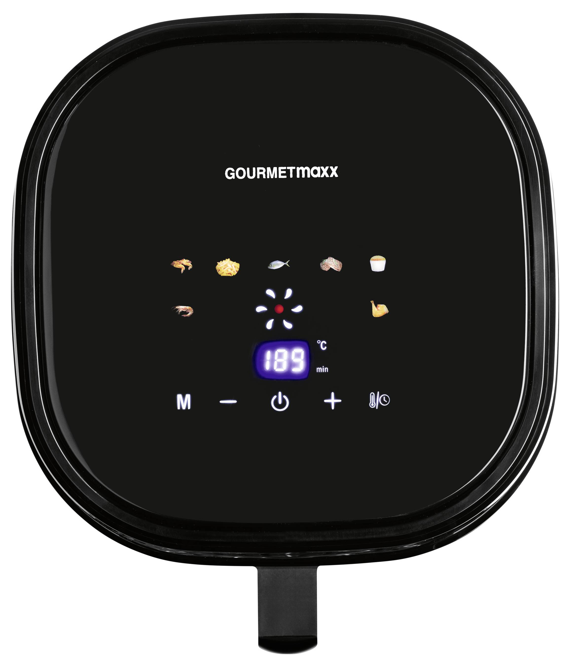 Bedienfeld des 'Gourmetmaxx' Heißluftfritters mit Voreinstellungs-Symbolen für verschiedene Lebensmittel, Temperatur auf 180°C eingestellt und Dauer auf 19 Minuten festgelegt.