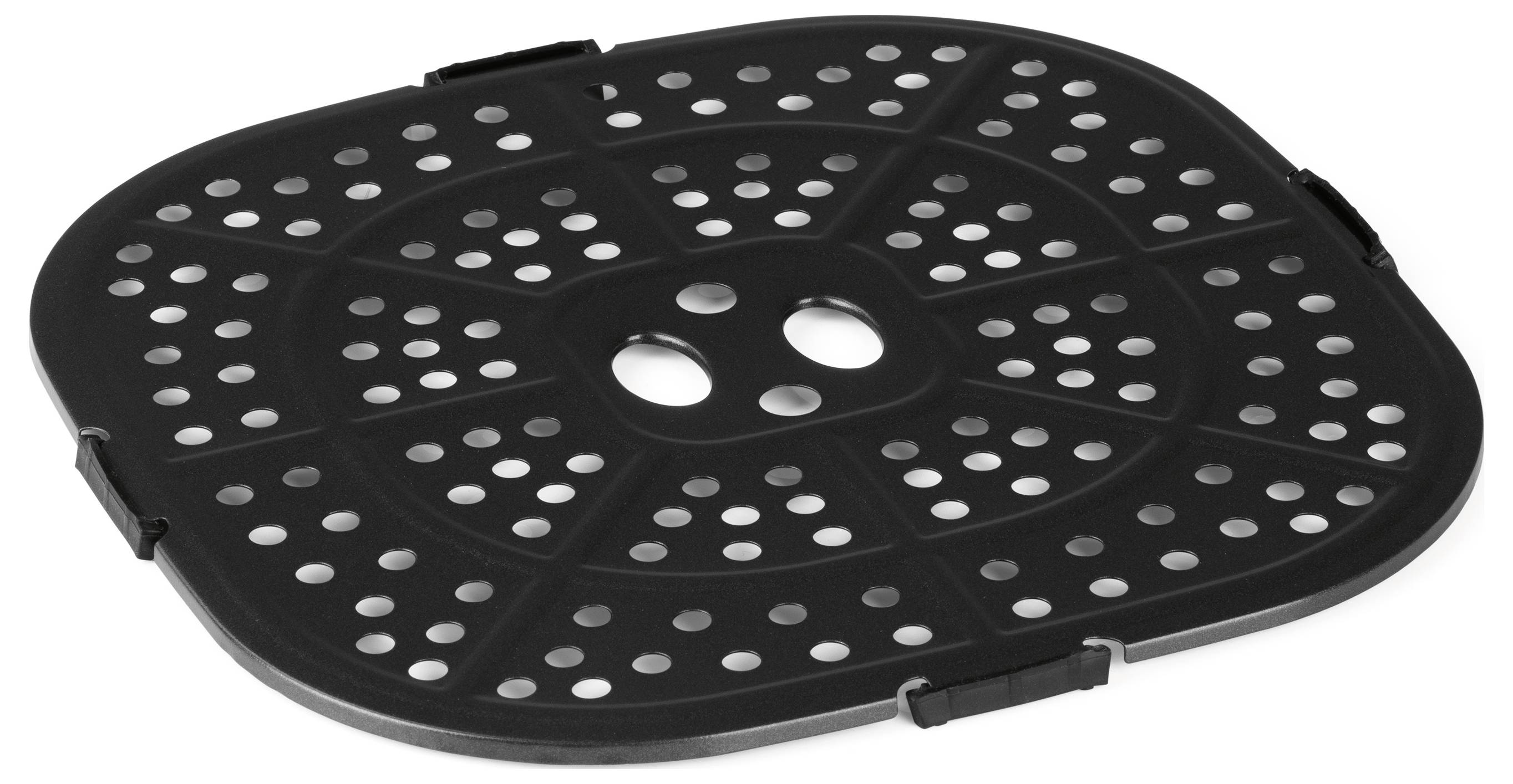 Eine schwarze Kunststoff-Quadratmatte mit abgerundeten Ecken, die ein Raster von Löchern über ihre gesamte Oberfläche und zwei größere kreisrunde Löcher in der Mitte aufweist.