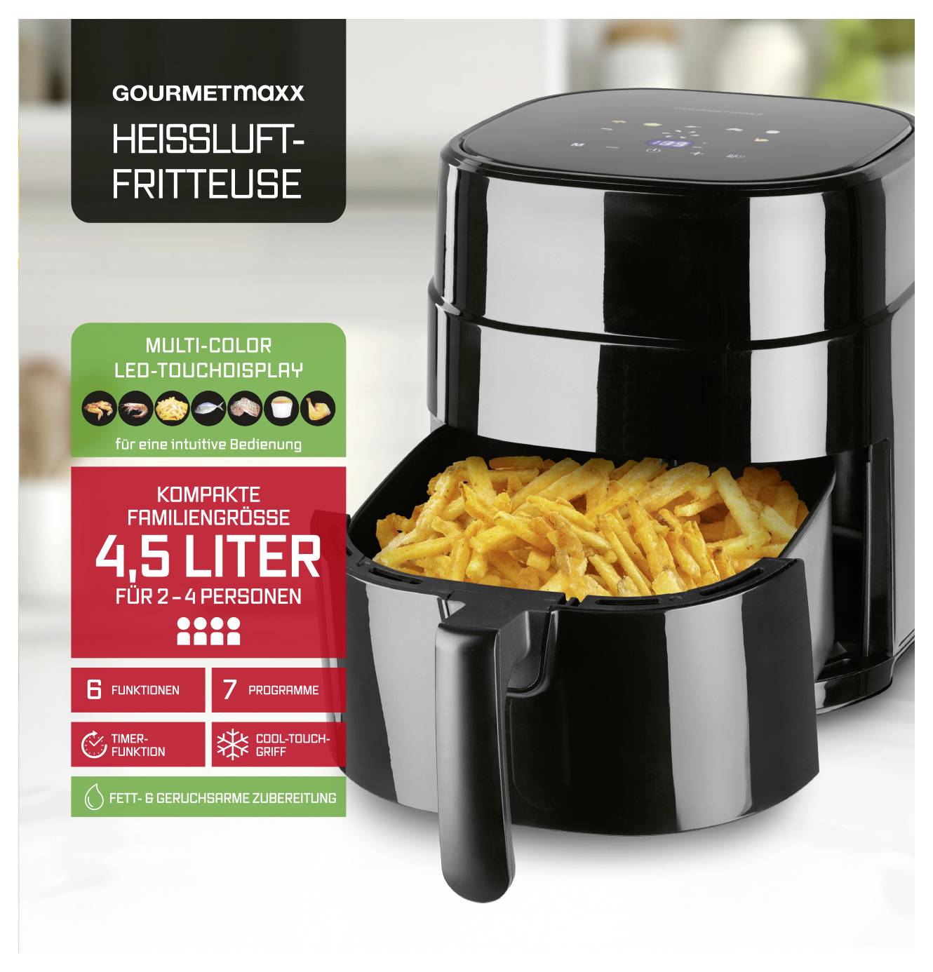 Eine schwarze Heißluft-Fritteuse mit herausgezogenem Fach voller Pommes. Text beschreibt Funktionen: 4,5 Liter, LED-Touchdisplay, 7 Programme.