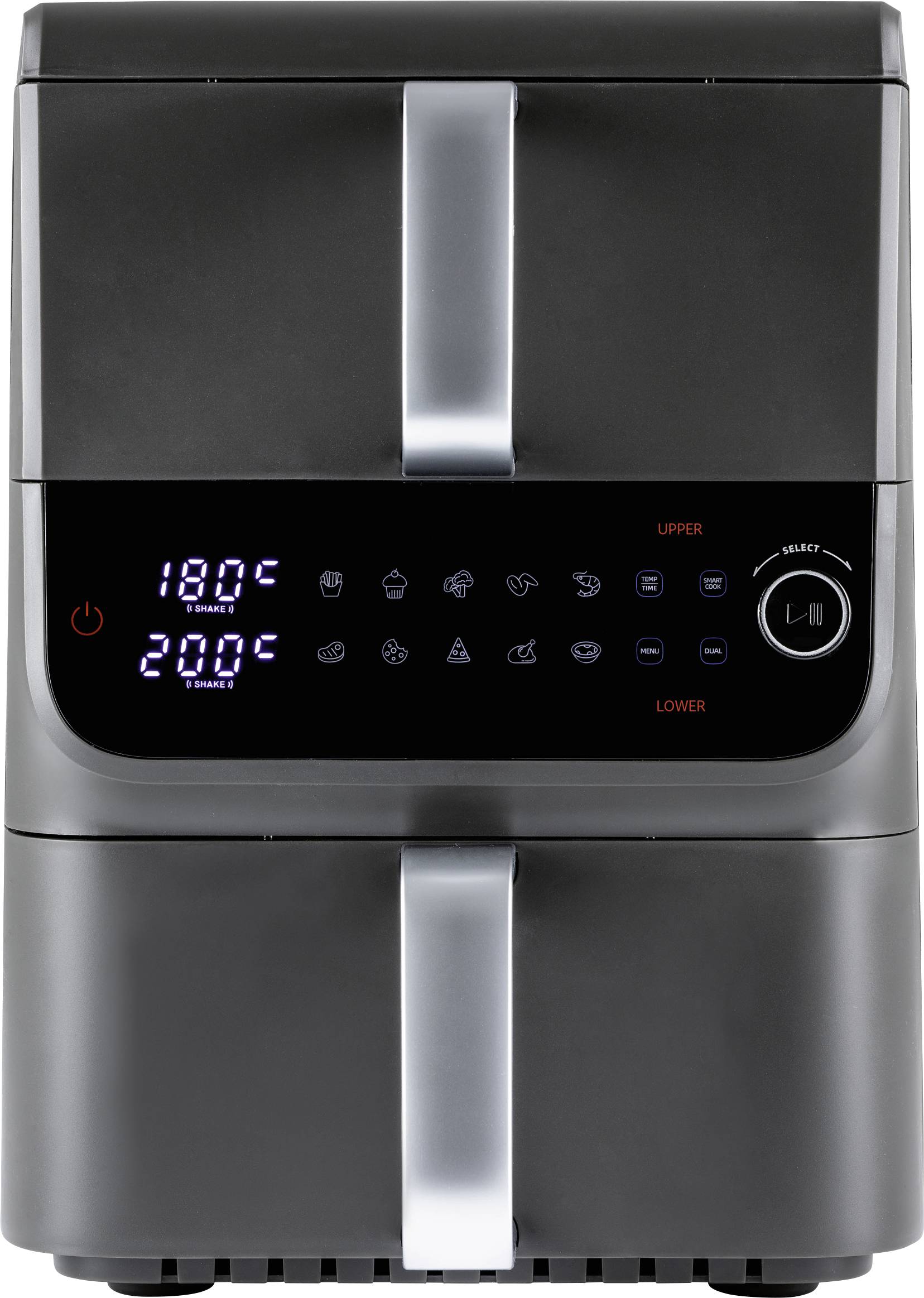 Ein Zwei-Korb-Heißluftfritteuse mit digitaler Anzeige, die die Temperaturen der oberen und unteren Körbe mit 180°C und 200°C zeigt. Verschiedene Kochsymbole sind sichtbar.