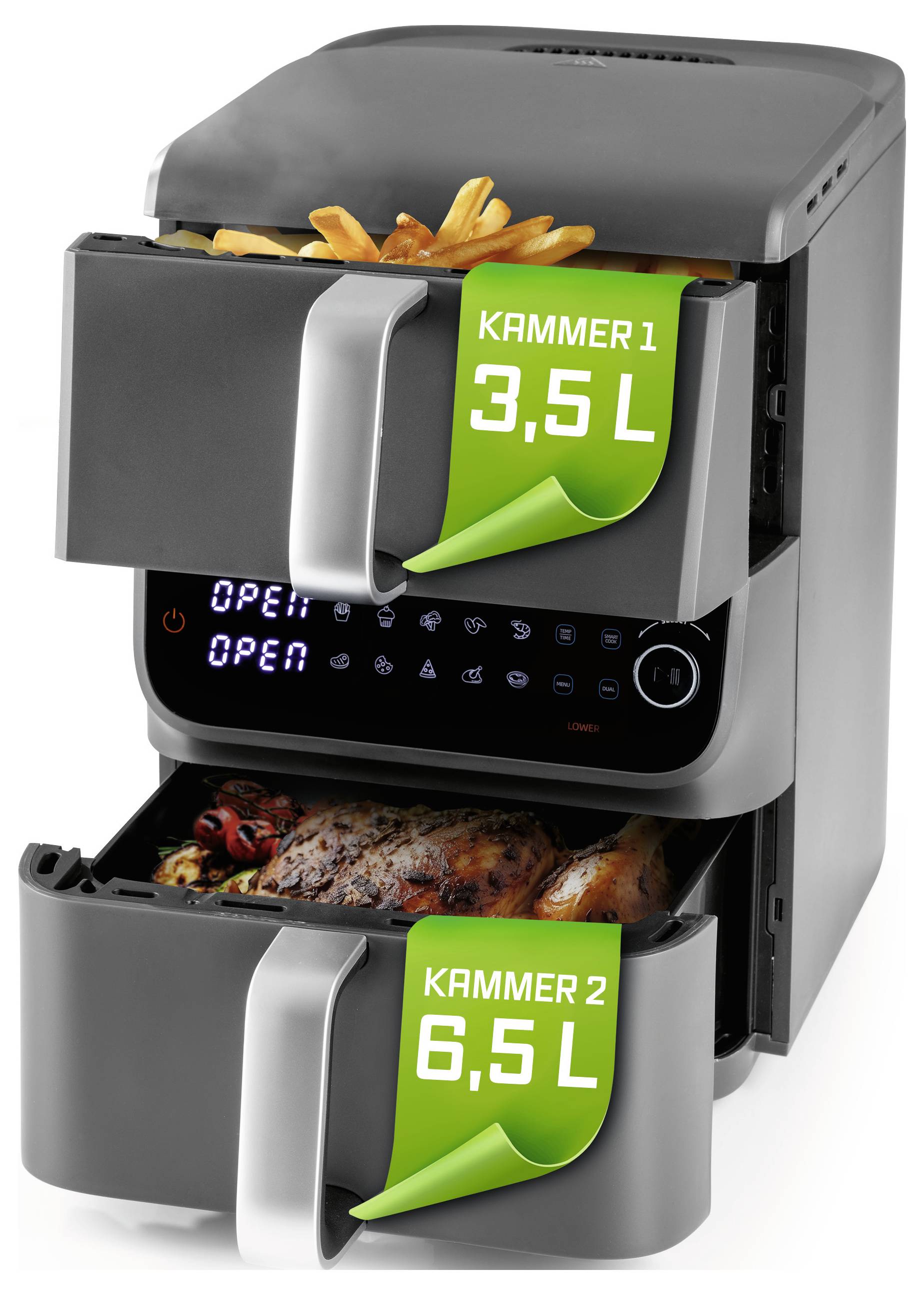 Zwei-Kammer-Heißluftfriteuse mit digitaler Steuerung und zwei Fächern, die mit '3,5 L' für Frittierspeisen und '6,5 L' für gebackenes Hähnchen gekennzeichnet sind.