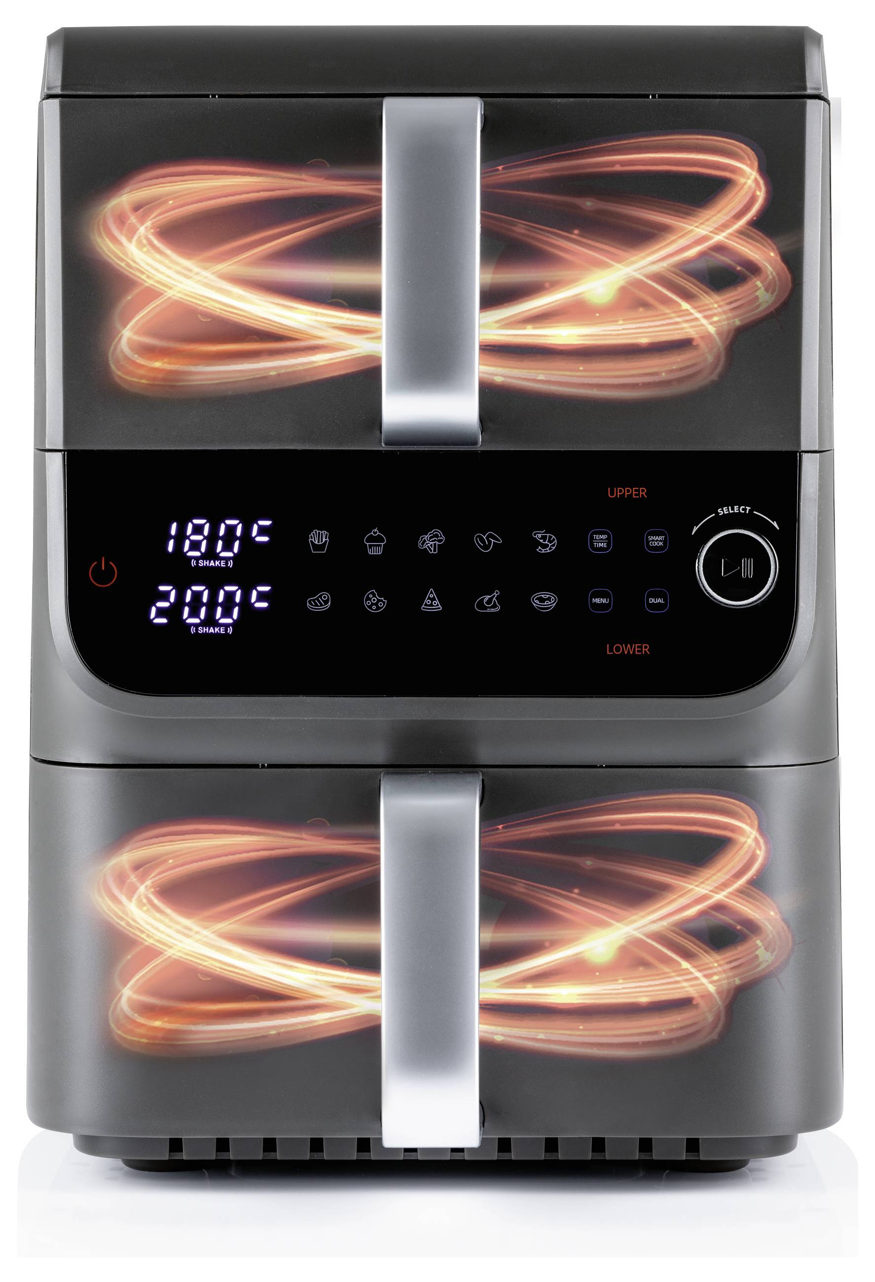 Digitale Fritteuse mit zwei Kammern. Obere Temperatur beträgt 180°C, untere 200°C. Orange Wirbelgrafiken deuten auf Luftzirkulation hin.