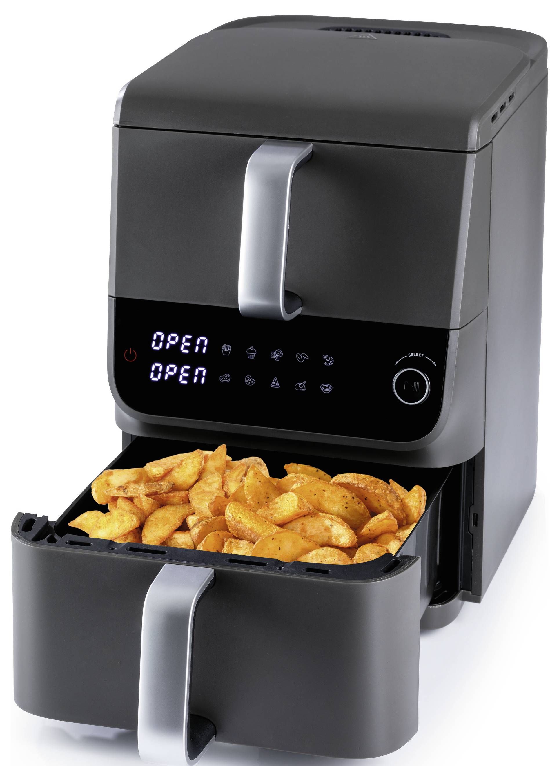 Ein schwarzer Heißluftfritteur mit digitaler Anzeige zeigt "OPEN". Die Fritteurklappe ist geöffnet und gibt eine Charge von gekochten, gewürzten Kartoffelecken frei.
