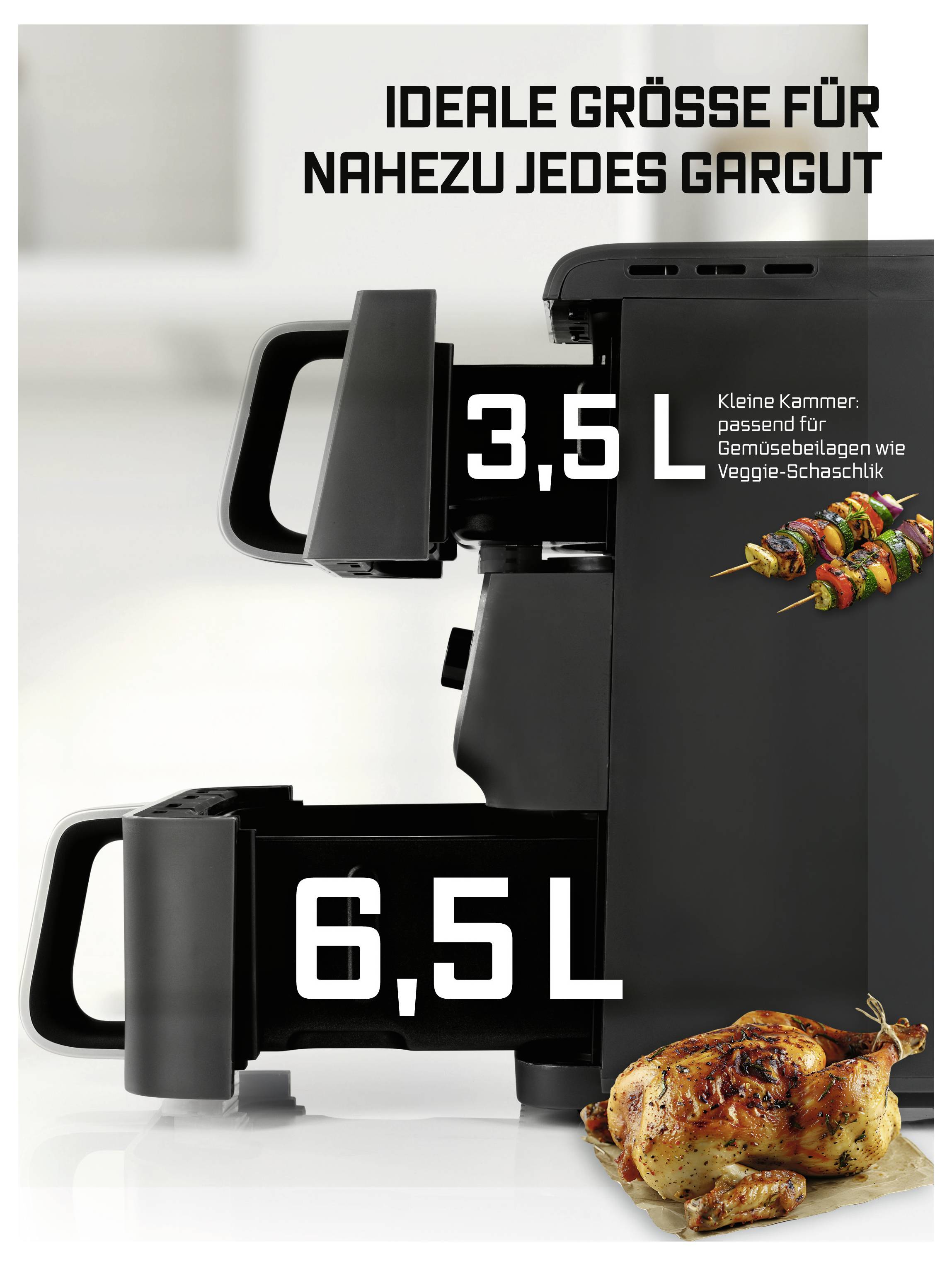 Ein schwarzer Heißluftfritteur mit zwei Fächern wird gezeigt. Der obere Fach ist mit '3,5 L' beschriftet und der untere mit '6,5 L', mit einem gebratenen Huhn in der Nähe.