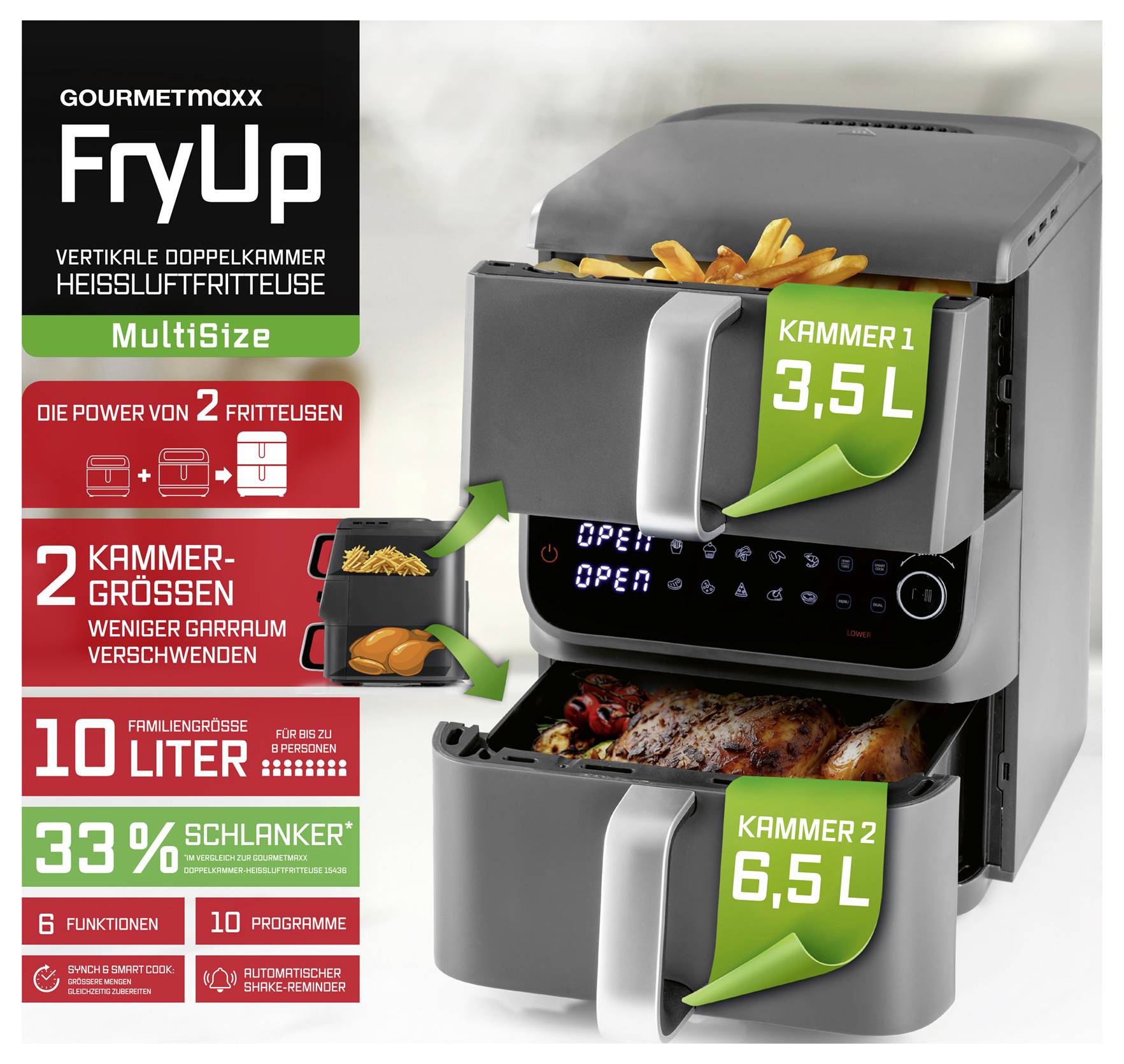 Vertikale Heißluftfritteuse mit zwei Kammern: 3,5 L und 6,5 L. Energiesparend, Familiengerecht, 10 Programme, kompakte Bauweise.