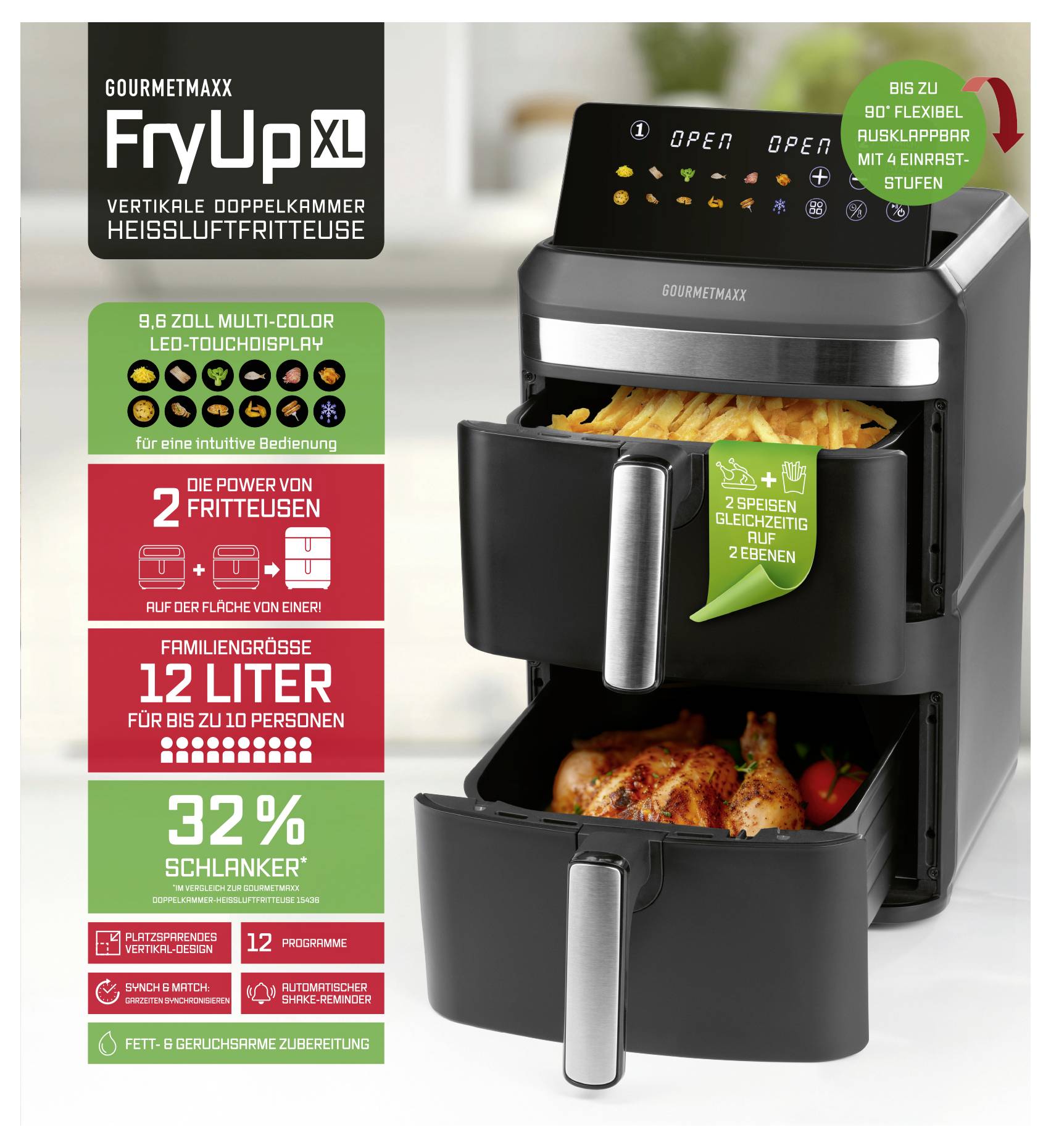 'GOURMETmaxx FryUp XL' Heißluftfritteuse mit 2 Frittierkörben, 12 Liter Kapazität, Touchdisplay. Familientauglich für bis zu 10 Personen.