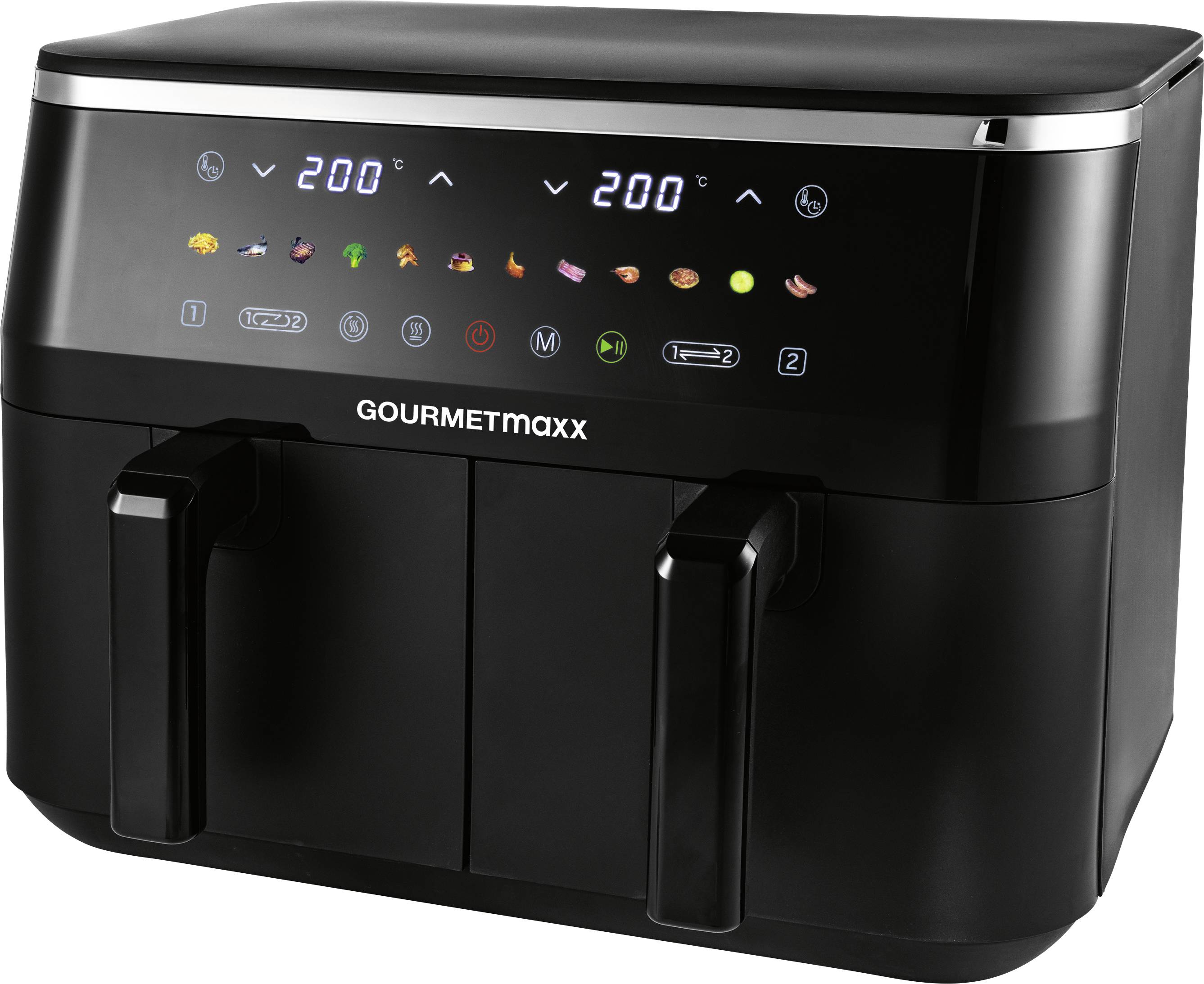 Ein Dual-Korb-Heißluftfritteuse mit digitalem Display, das eine Temperatur von 200°C anzeigt. Verschiedene Lebensmittel-Icons sind beleuchtet und zeigen Voreinstellungsoptionen an.