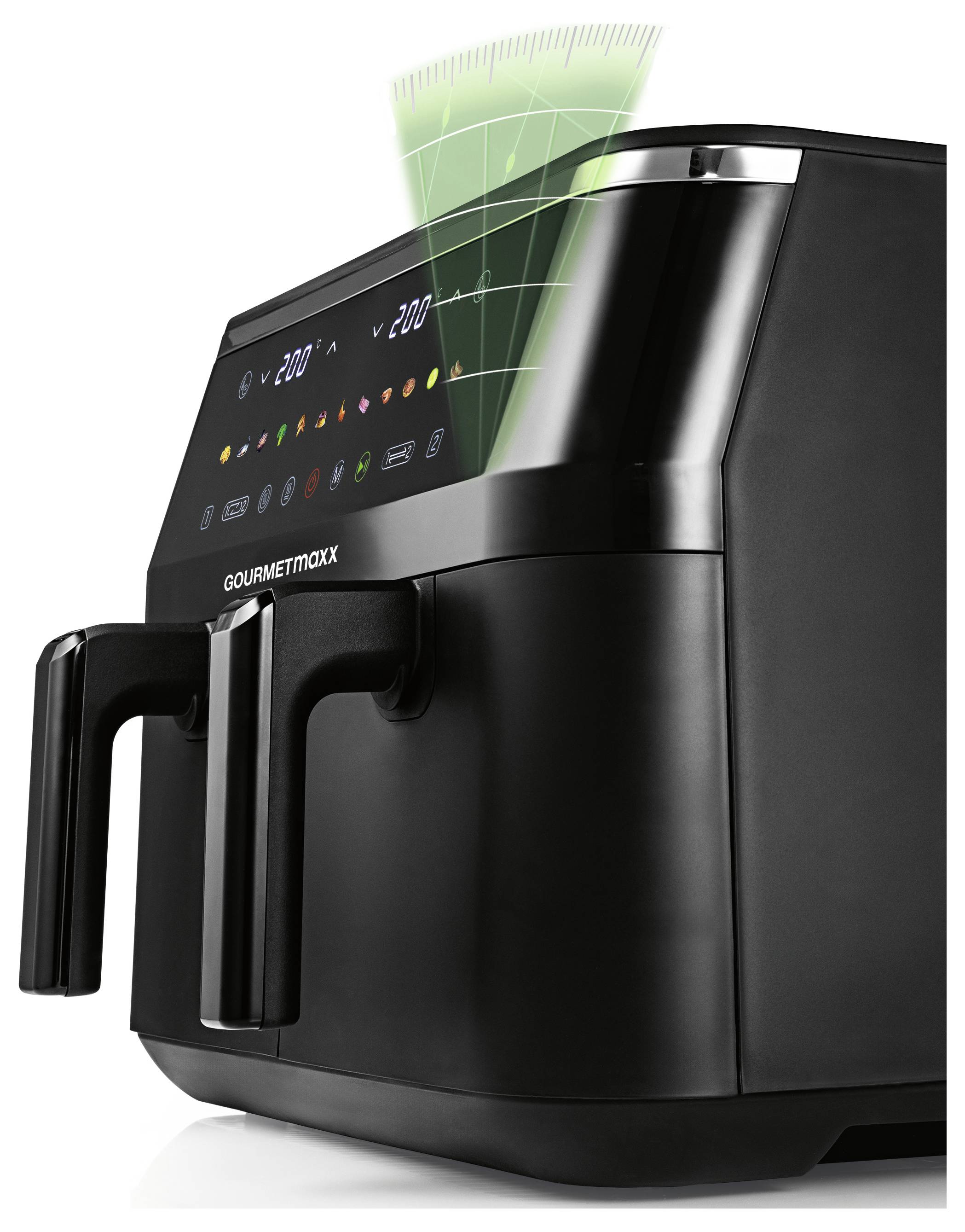 Ein schwarzer Heißluftfritteuse mit einem digitalen Display, das Temperatur- und Zeiteinstellungen anzeigt. Grüne Indikatoren schweben über dem Anzeigebereich.