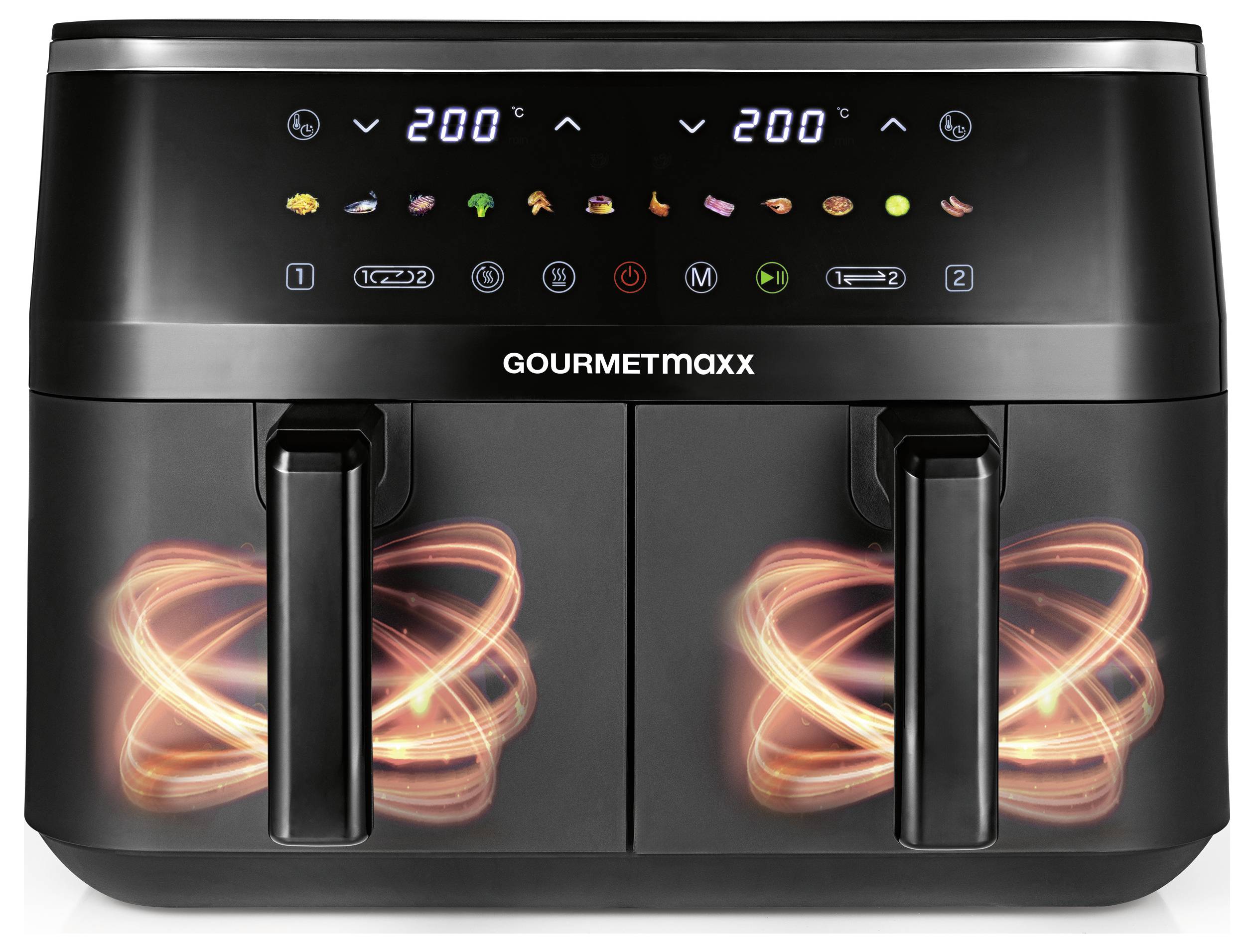 Ein Zwei-Körbe-Heißluftfritteur mit LED-Display, eingestellt auf 200°C. Das Display zeigt verschiedene Kochmodussymbole und den Namen 'GOURMETmaxx.'