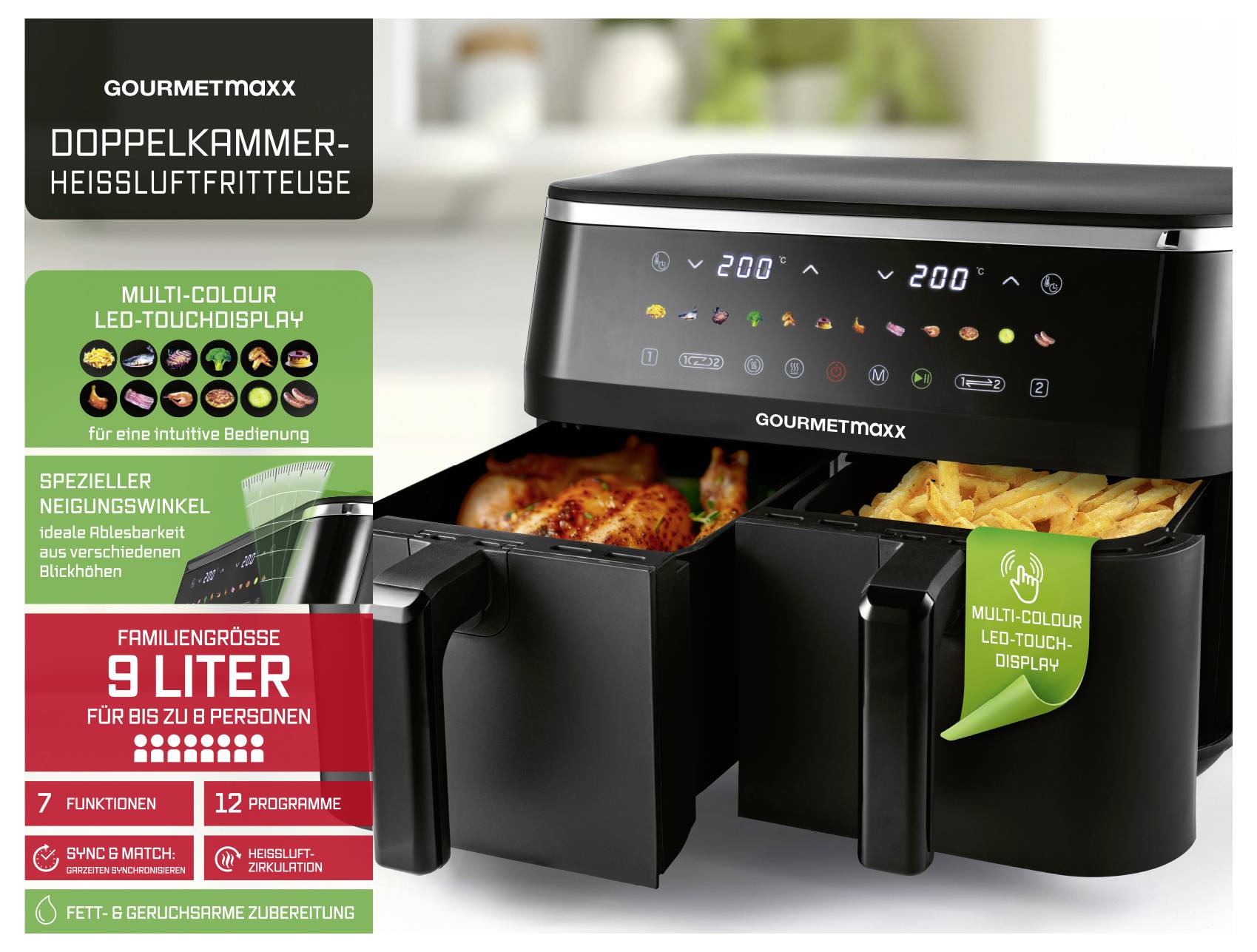 Doppelkammmer-Heißluftfritteuse mit Multi-Colour LED-Touchdisplay. 9 Liter Kapazität, geeignet für bis zu 8 Personen, 7 Funktionen.