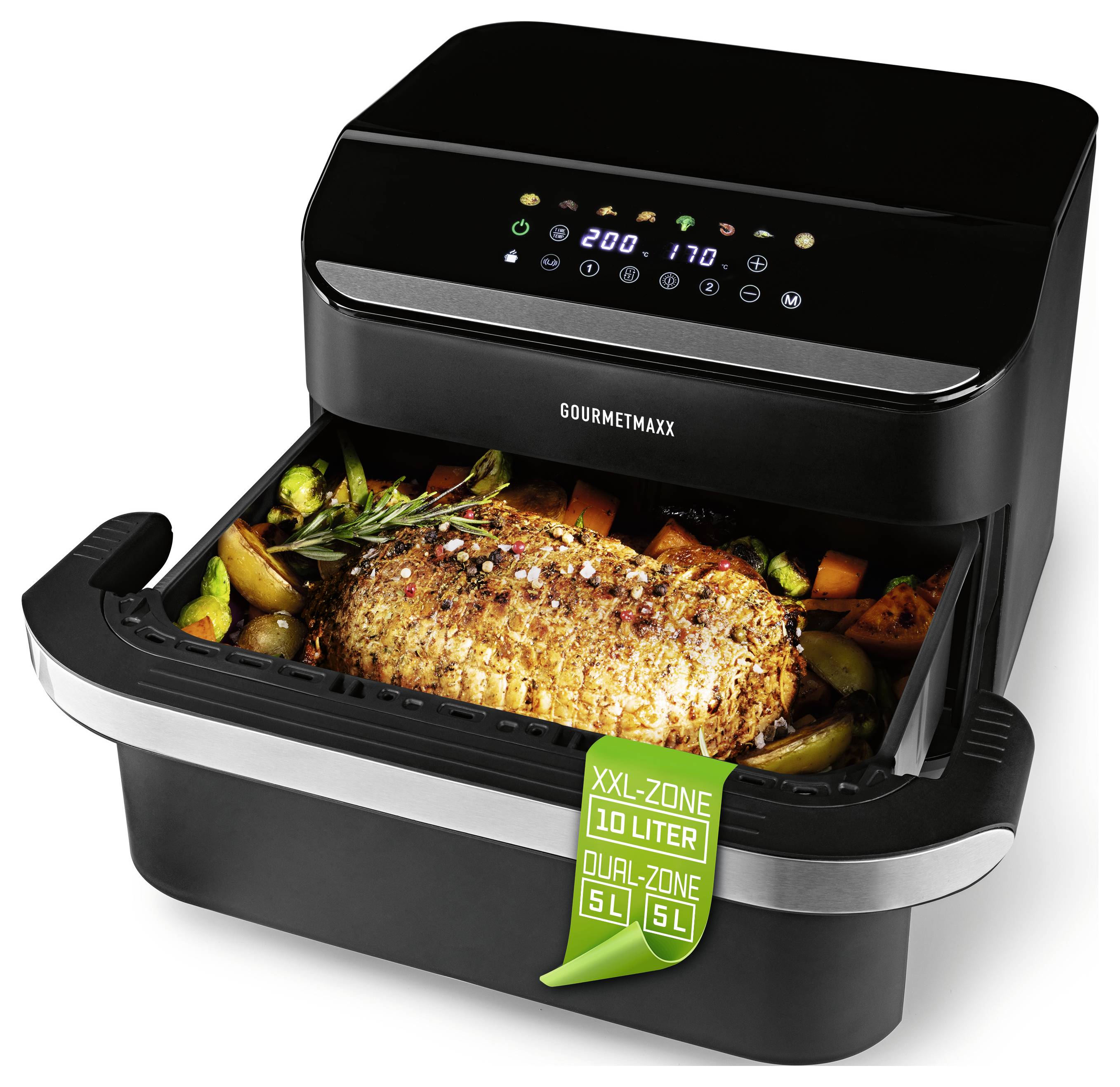 Ein Dual-Zone-Heißluftfriteuse mit einem Braten und Gemüse im Inneren, mit digitalem Bedienfeld und beschrifteten Fächern: ‚XXL-Zone 10 Liter, Dual-Zone 5L + 5L'.
