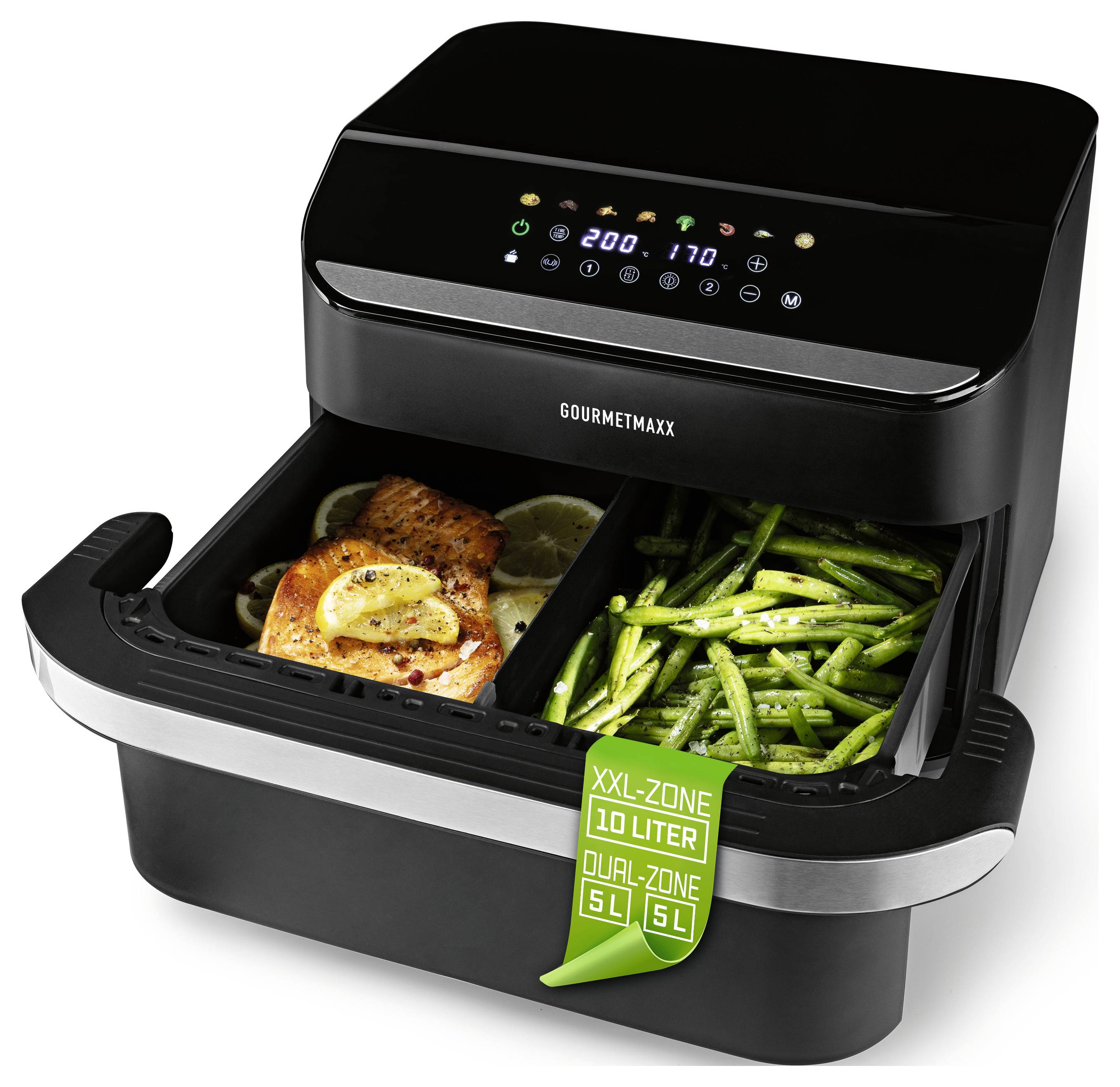 Ein Heißluftfritteuse mit zwei Zonen: eine Kammer mit gebratenem Lachs und Zitrone, die andere mit grünen Bohnen. Digitale Bedienelemente zeigen die Einstellungen an.