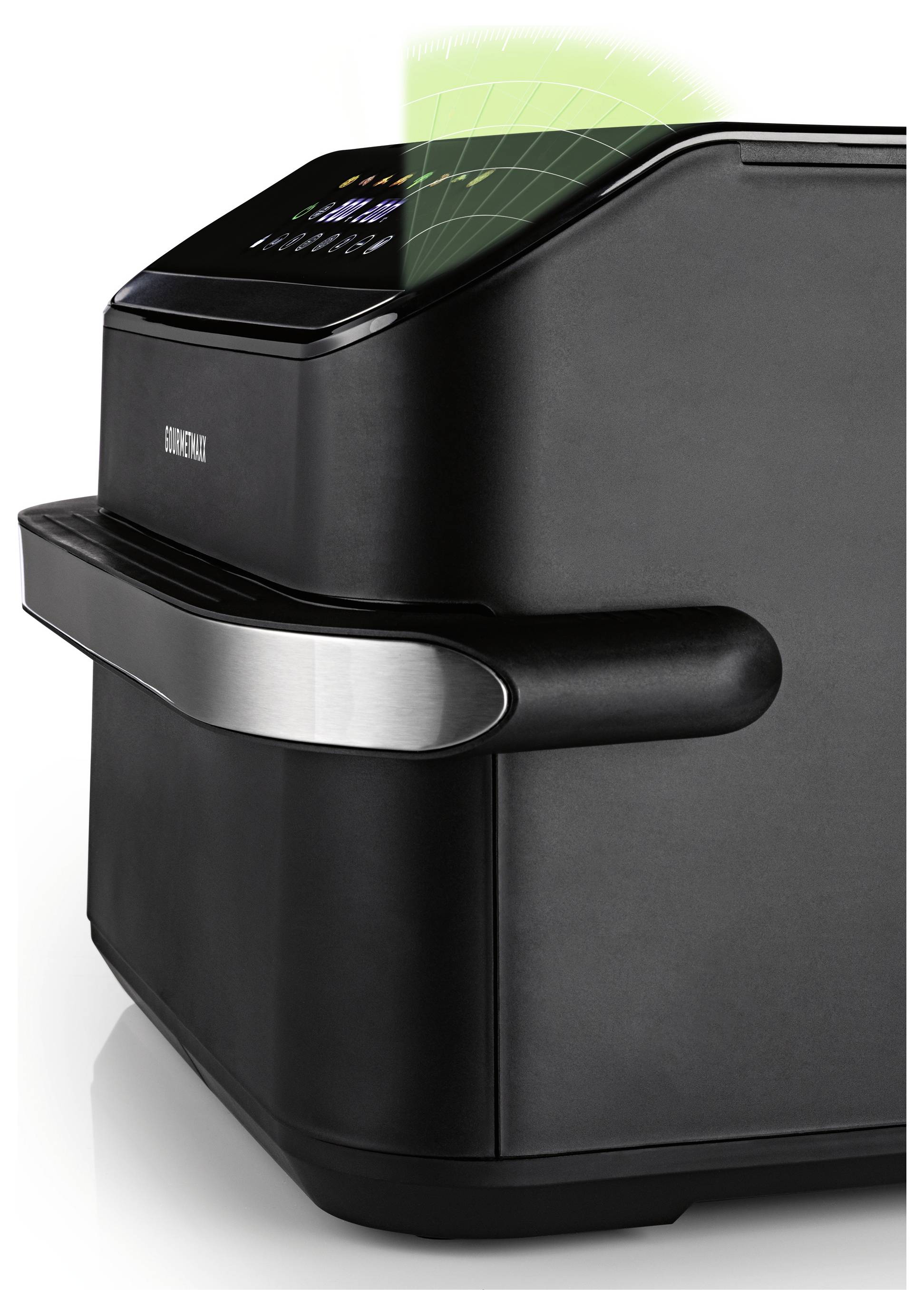 Ein schwarzer, moderner Heißluftfritteuse mit einem digitalen Display oben, ausgestattet mit einer Touchscreen-Benutzeroberfläche und einem radarähnlichen grünen Design auf dem Bildschirm.