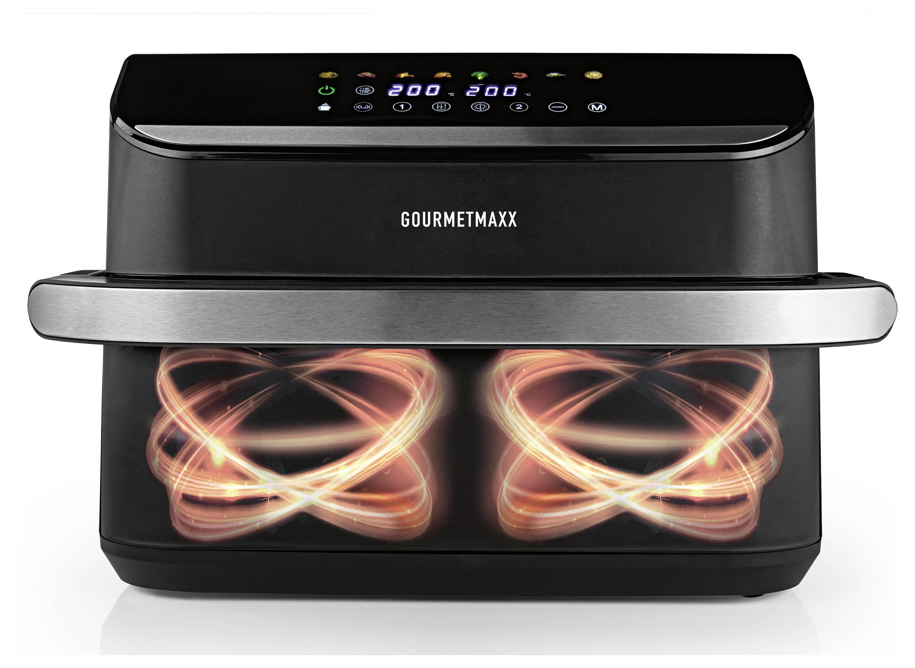 Ein schwarzer Heißluftfritteur mit digitalen Bedienelementen oben und leuchtendem Innenraum; mit der Aufschrift 'Gourmetmaxx'.