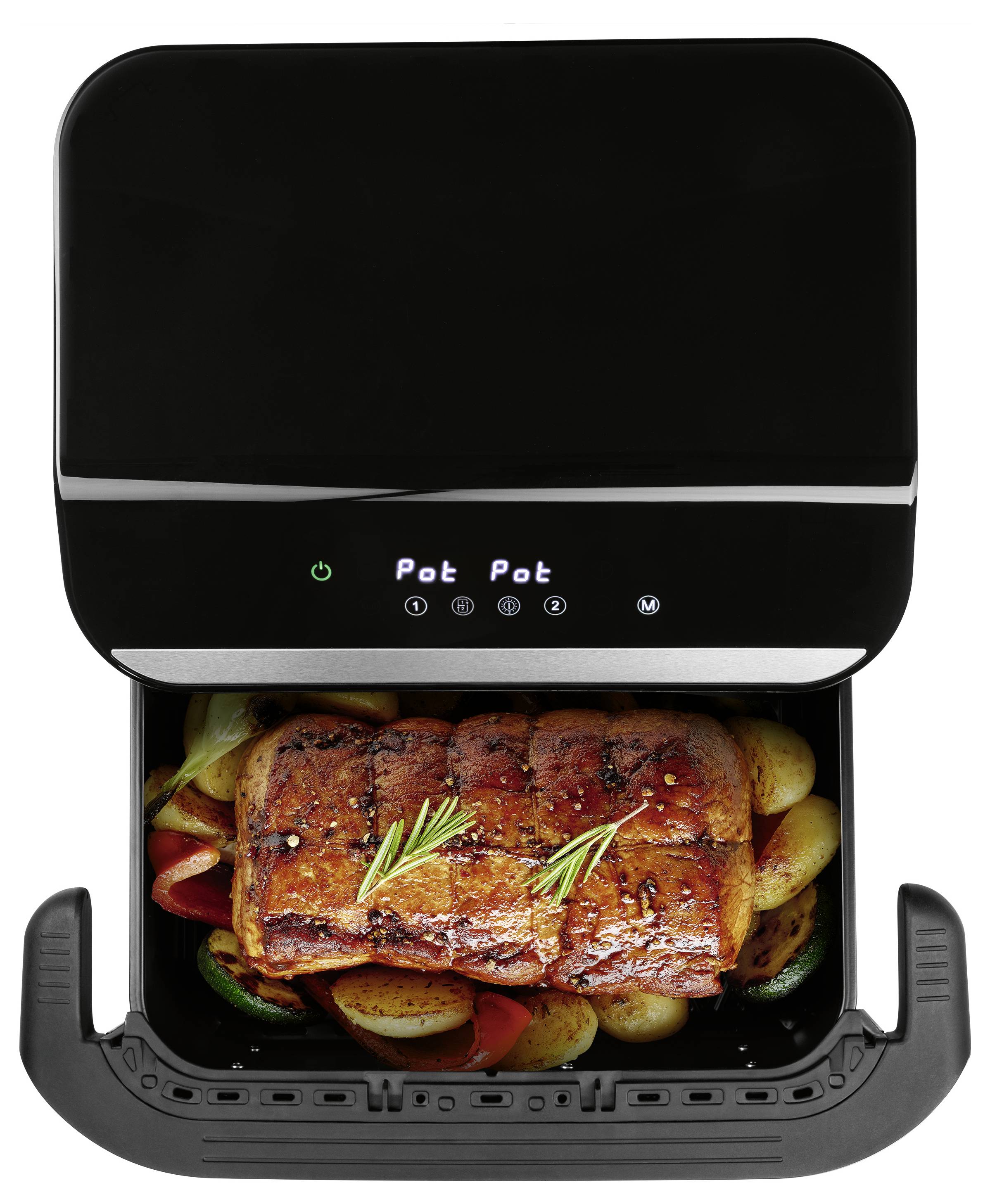 Ein Heißluftfritteur mit digitaler Anzeige zeigt 'Pot Pot' und enthält gebratenes Fleisch mit Rosmarin und Gemüse, wie Kartoffeln und Paprika.