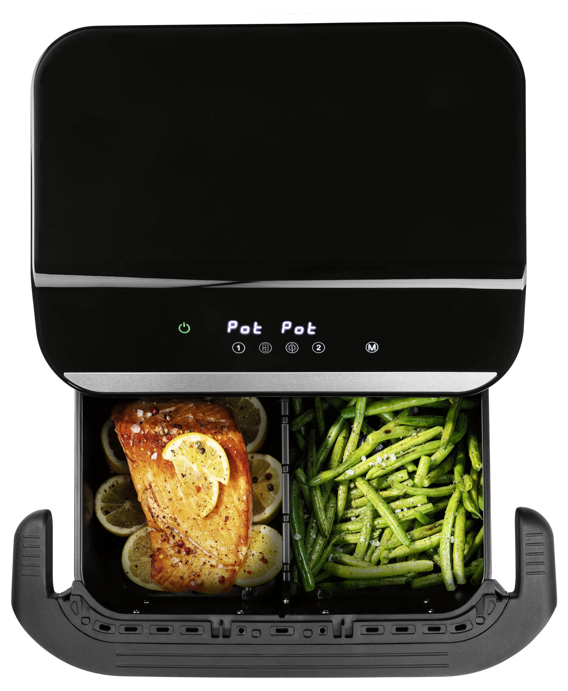 Eine Draufsicht eines Heißluftfryers mit zwei Fächern; in einem liegt ein gekochter Lachsfilet auf Zitronenscheiben, im anderen befinden sich grüne Bohnen.