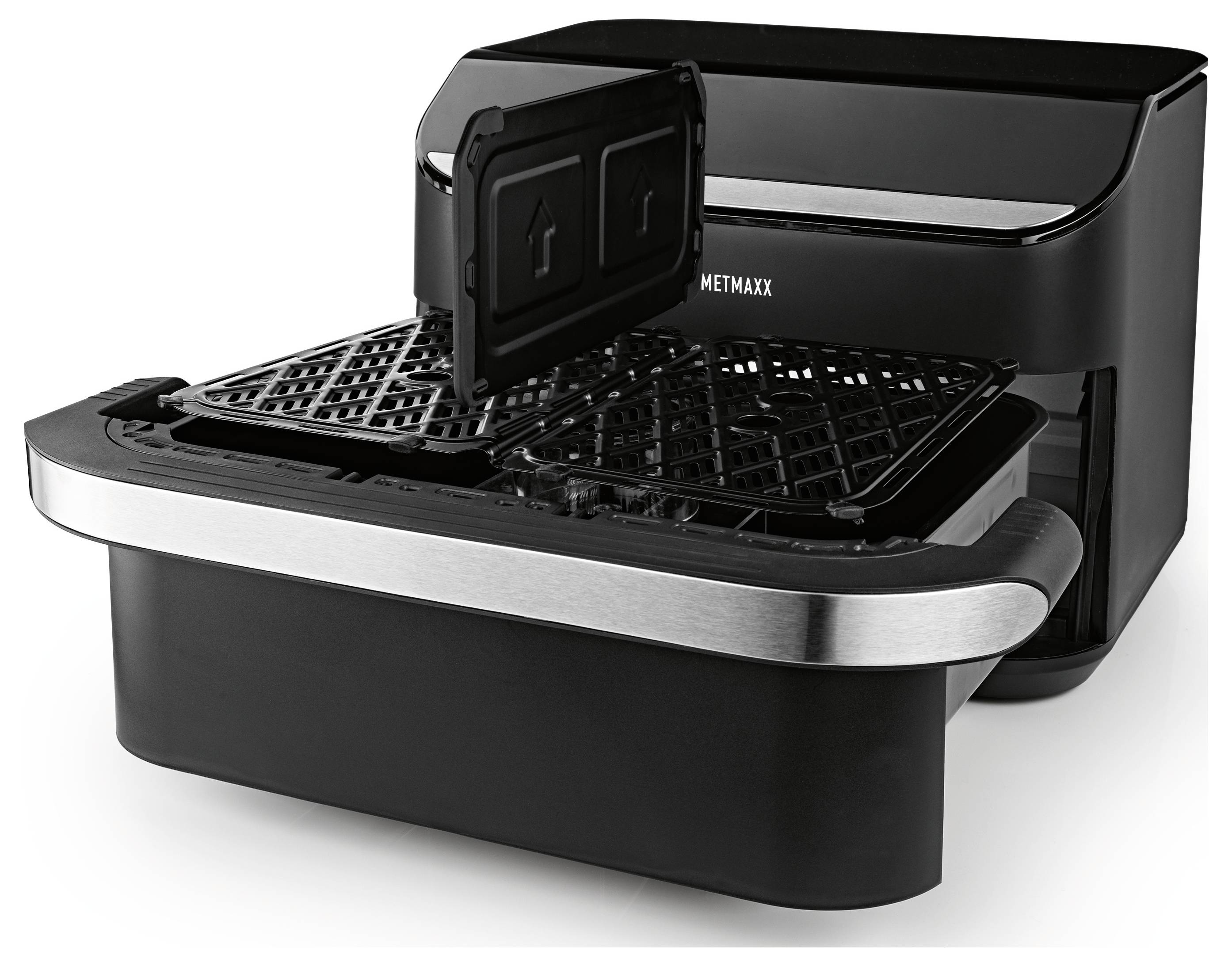 Ein schwarzer, moderner Heißluftfritteuse verfügt über ein Zwei-Körbe-System mit offenen Deckeln, die ihre Kochkapazität und Vielseitigkeit hervorheben.