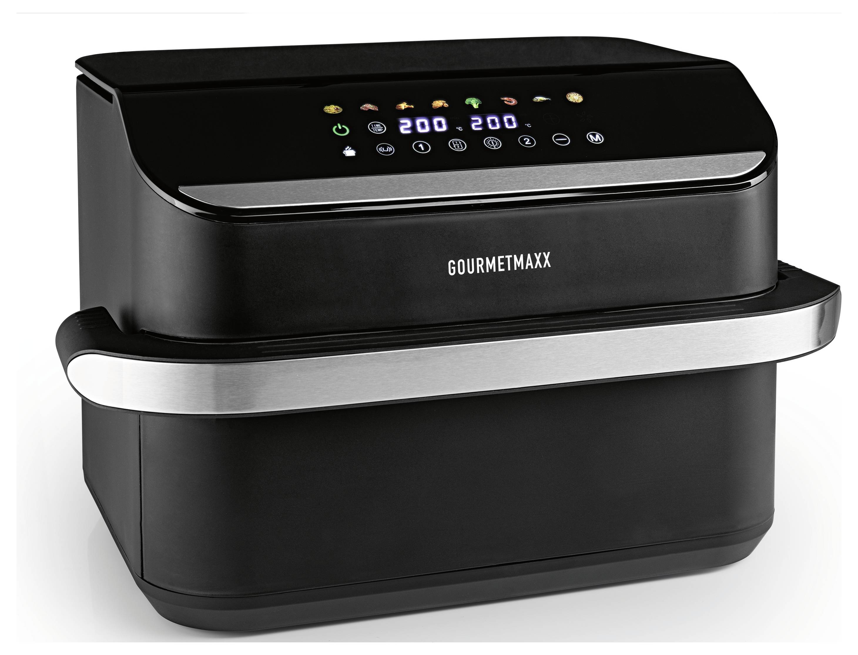 Ein schwarzer und silberner 'Gourmet Maxx' Heißluftfritteuse mit einem digitalen Touchdisplay, auf dem verschiedene Kochmodussymbole und eine Temperatureinstellung von 200 Grad zu sehen sind.