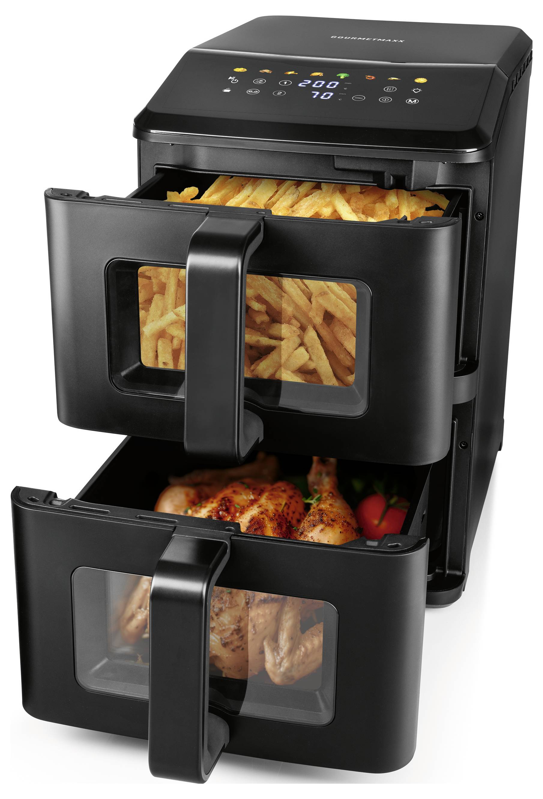 Ein Luftfriteuse mit zwei Schubladen, bei der in der oberen Schublade Pommes und in der unteren Schublade gebratenes Hähnchen mit Gemüse liegen. Die digitalen Bedienelemente sind sichtbar.