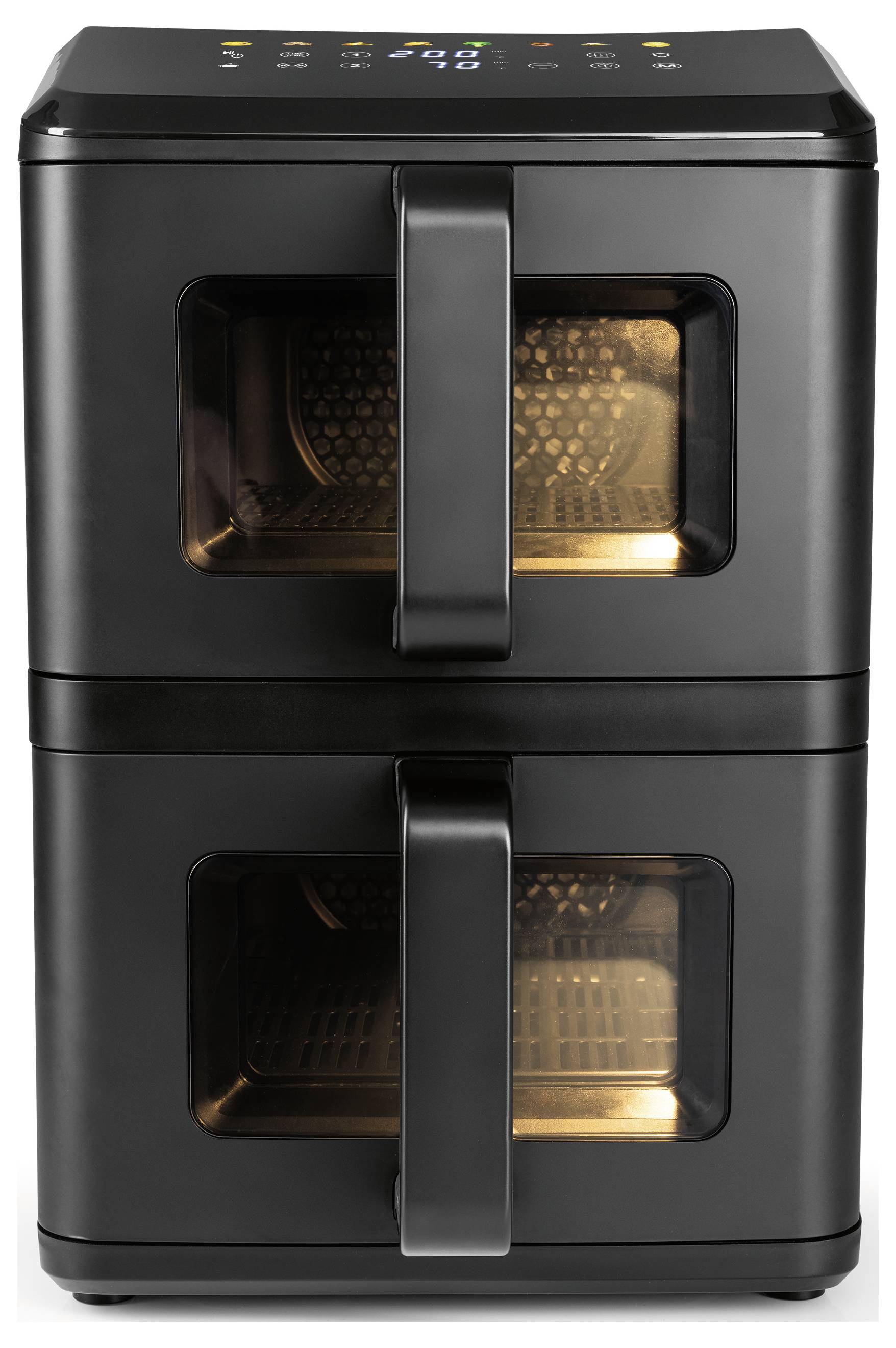 Ein Heißluftfritteuse mit zwei Körben und digitalen Bedienelementen oben, ausgestattet mit zwei Fächern mit transparenten Fenstern und Innenbeleuchtung.