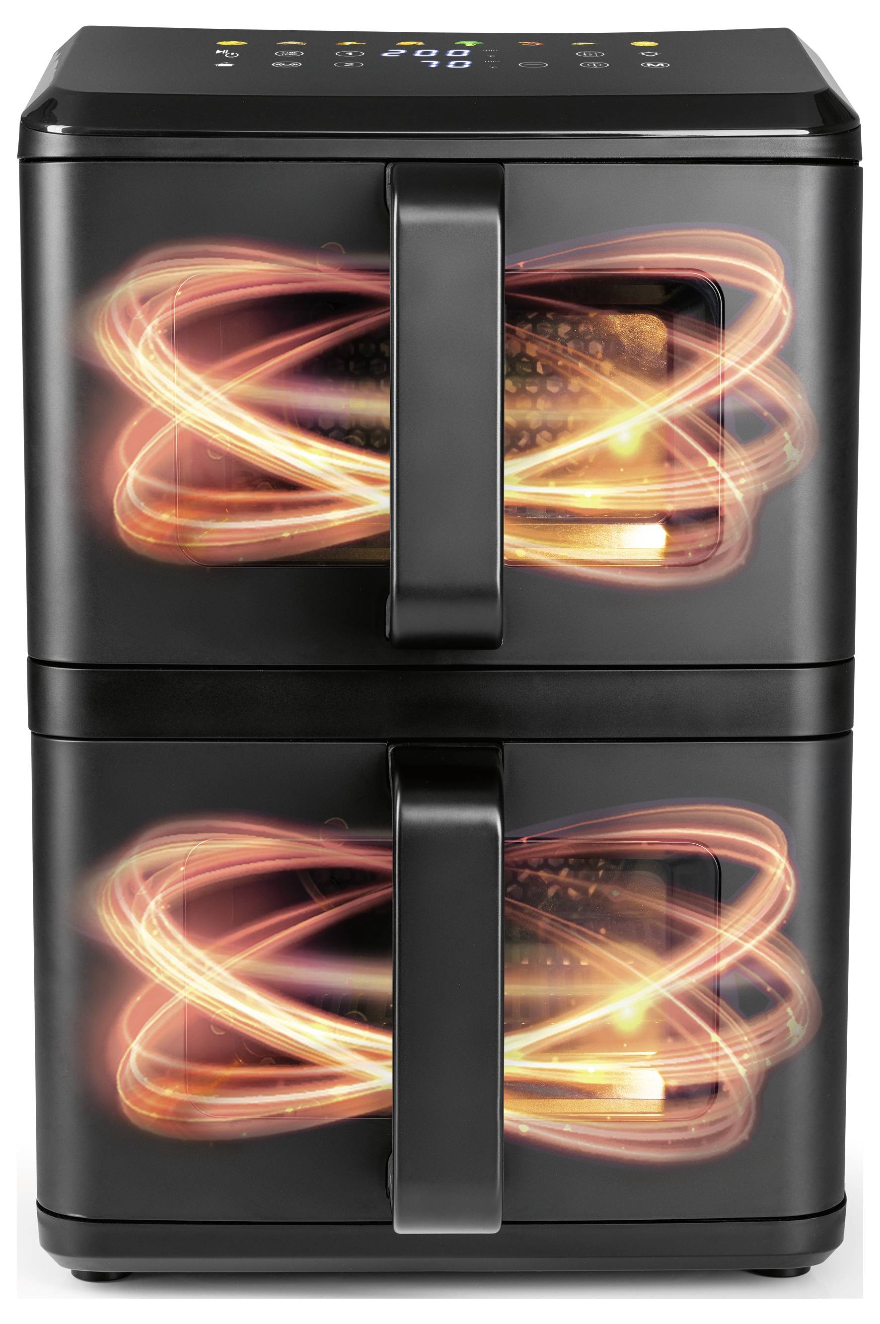 Schwarzer Doppelkorb-Heißluftfritteur mit leuchtenden Heizelementen, geöffneten Türen und digitalem Bedienfeld oben. Geeignet für effizientes Kochen.