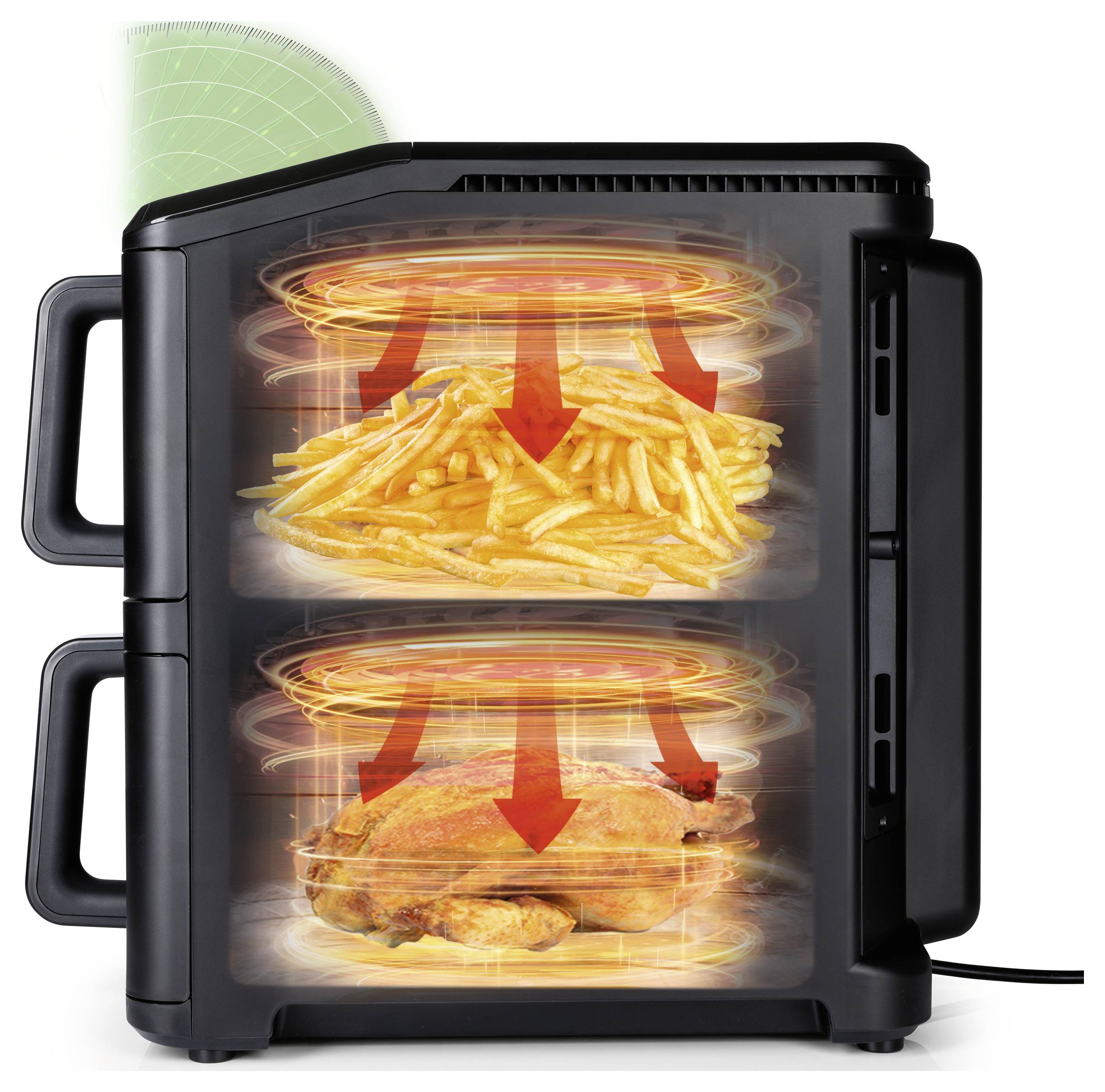Schwarzer Heißluftfritteuse mit dargestellten internen Kochzonen. Obere Zone: Pommes; untere Zone: Hähnchen. Pfeile zeigen die Zirkulation der heißen Luft.