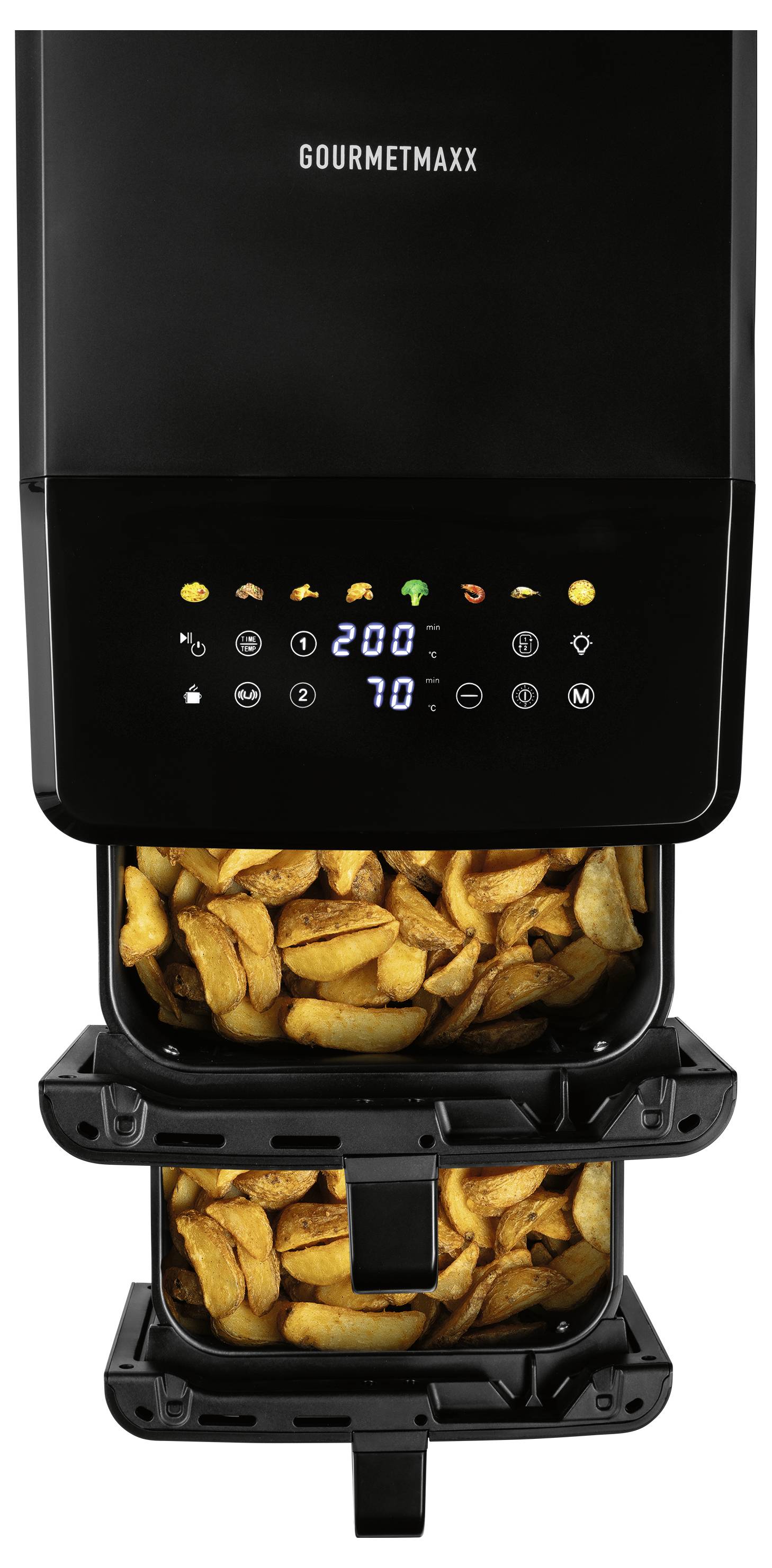 Schwarzer Heißluftfritteur mit digitalem Display, das '200°C' und '70 min' anzeigt, mit goldbraun gebackenen Kartoffelecken in der geöffneten Schublade.