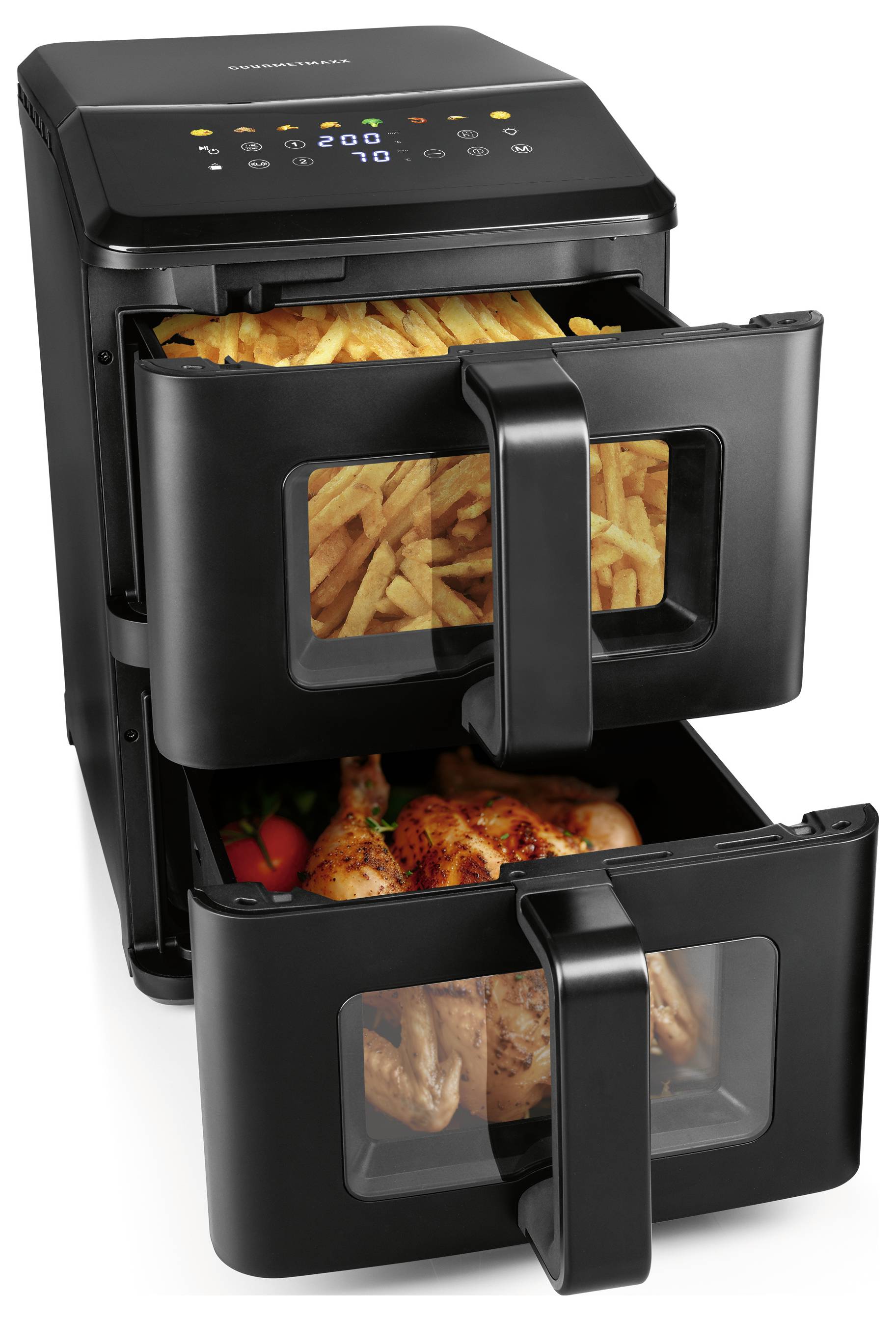 Ein Heißluftfritteuse mit zwei Schubladen und Touchsteuerung. In der oberen Schublade befinden sich Pommes; in der unteren Schublade ist Brathähnchen mit Gemüse.