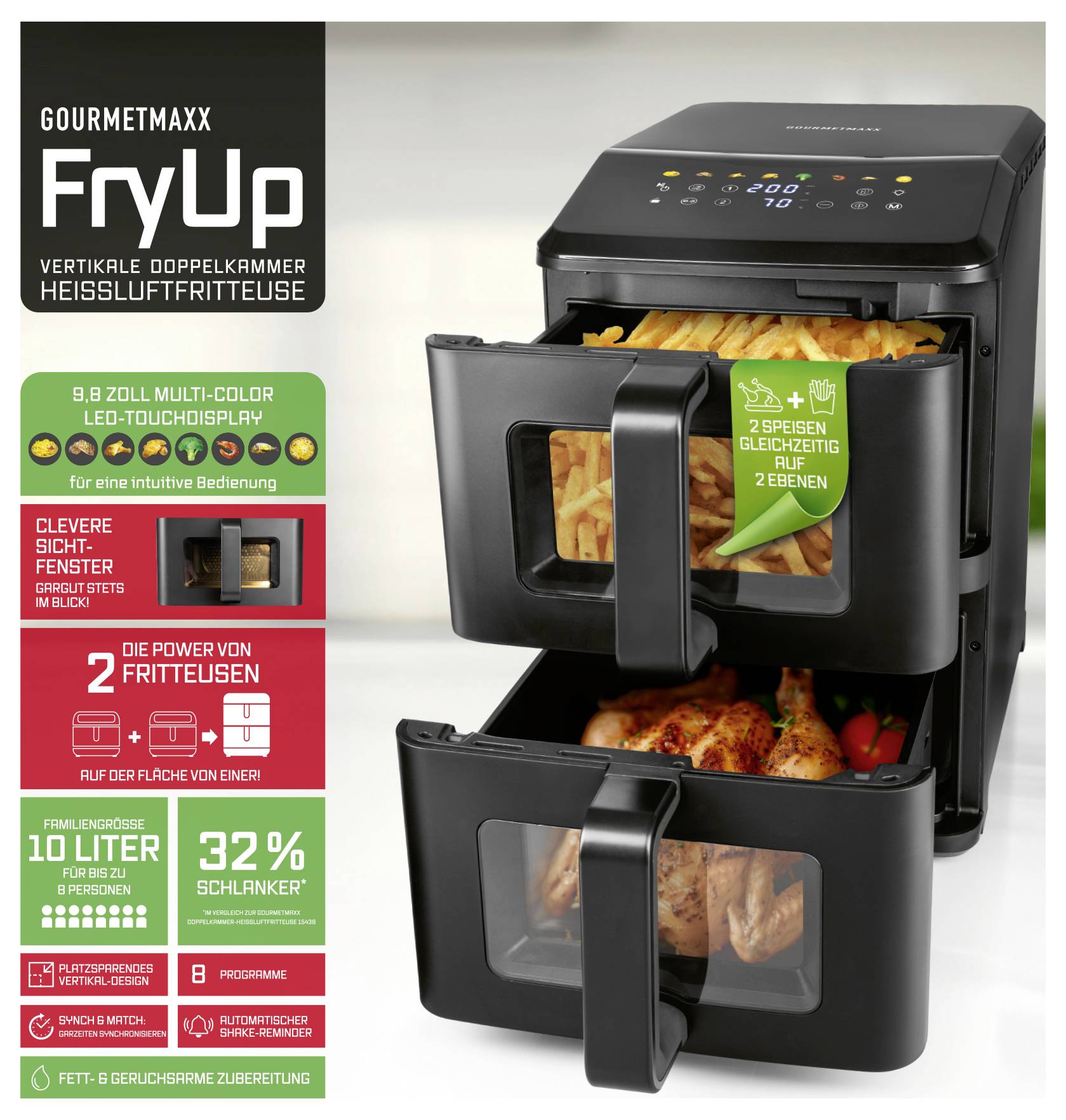 'GOURMETmaxx FryUp' Heißluftfritteuse mit zwei Fächern. Beschreibung der Funktionen und Vorteile, wie fettarmes Frittieren und Touch-Display.