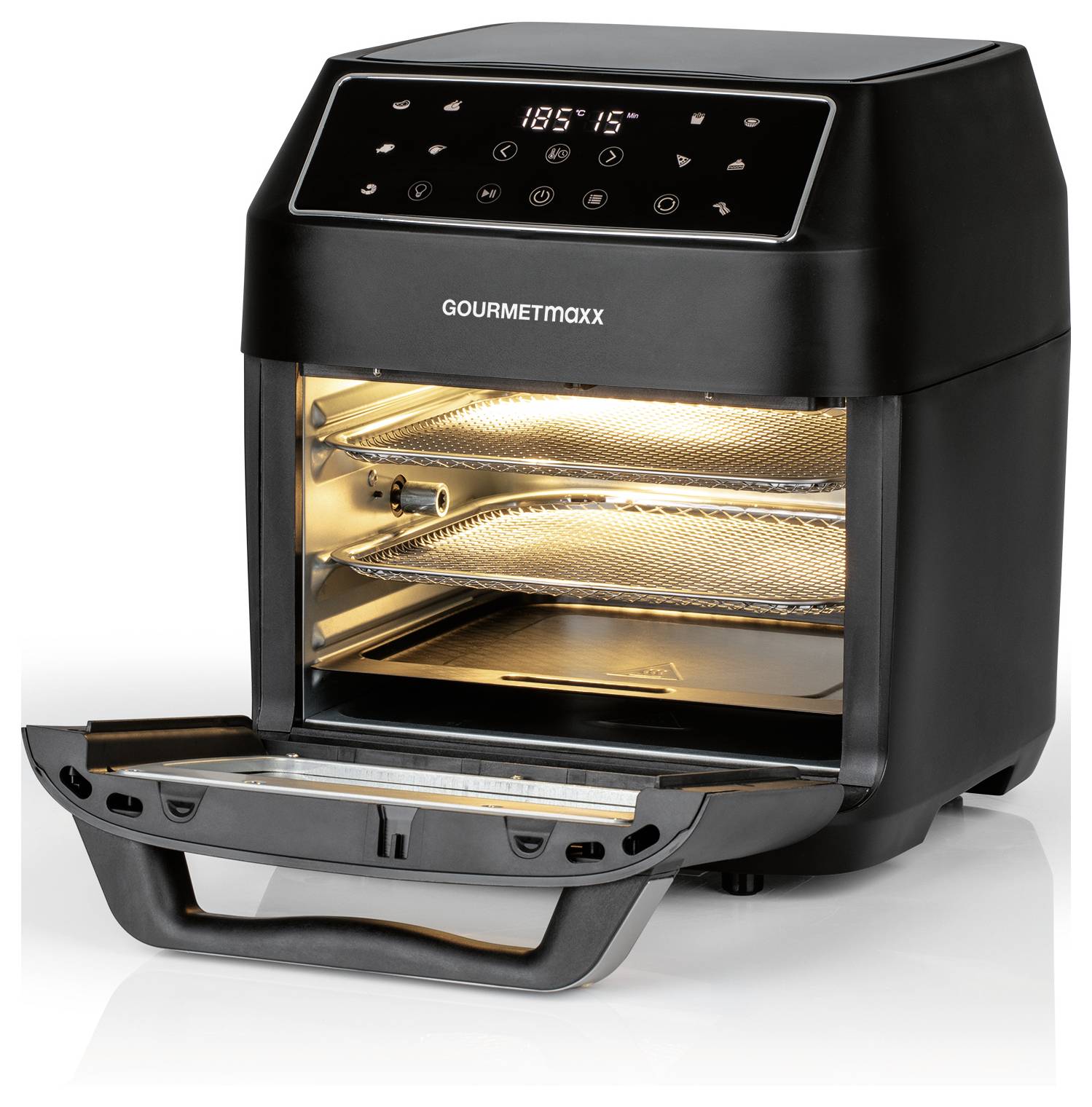 Ein schwarzer digitaler Heißluftfritteuse mit geöffneter Tür, zwei Gitterblechen im Inneren, auf dem Bedienfeld sind Temperatur '185°C' und Zeit '15' angezeigt.