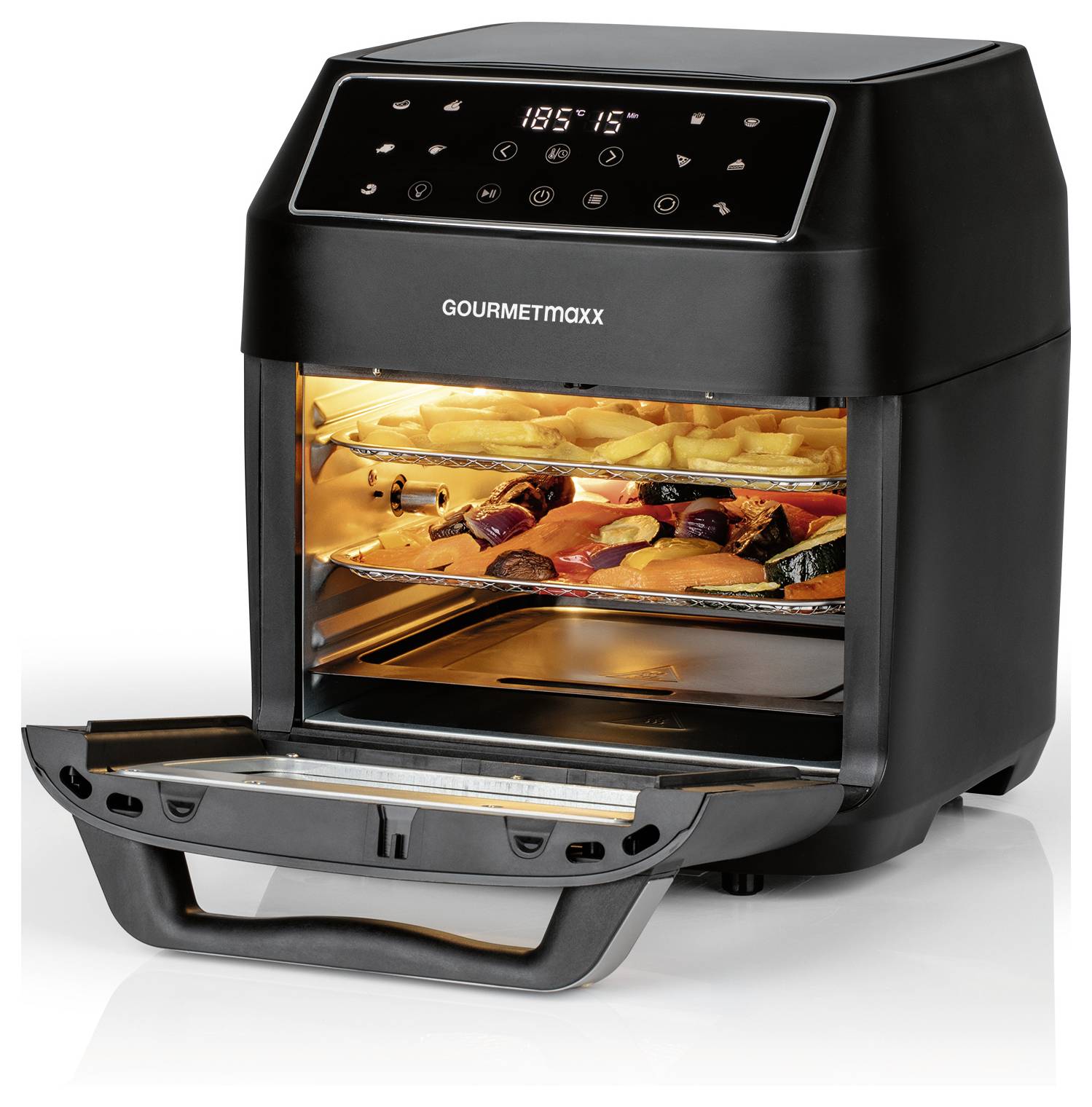 Ein Heißluftfritteuse mit offener Tür, auf der Backbleche mit Gemüse und Pommes gefüllt sind. Das Bedienfeld zeigt '185° 15'.