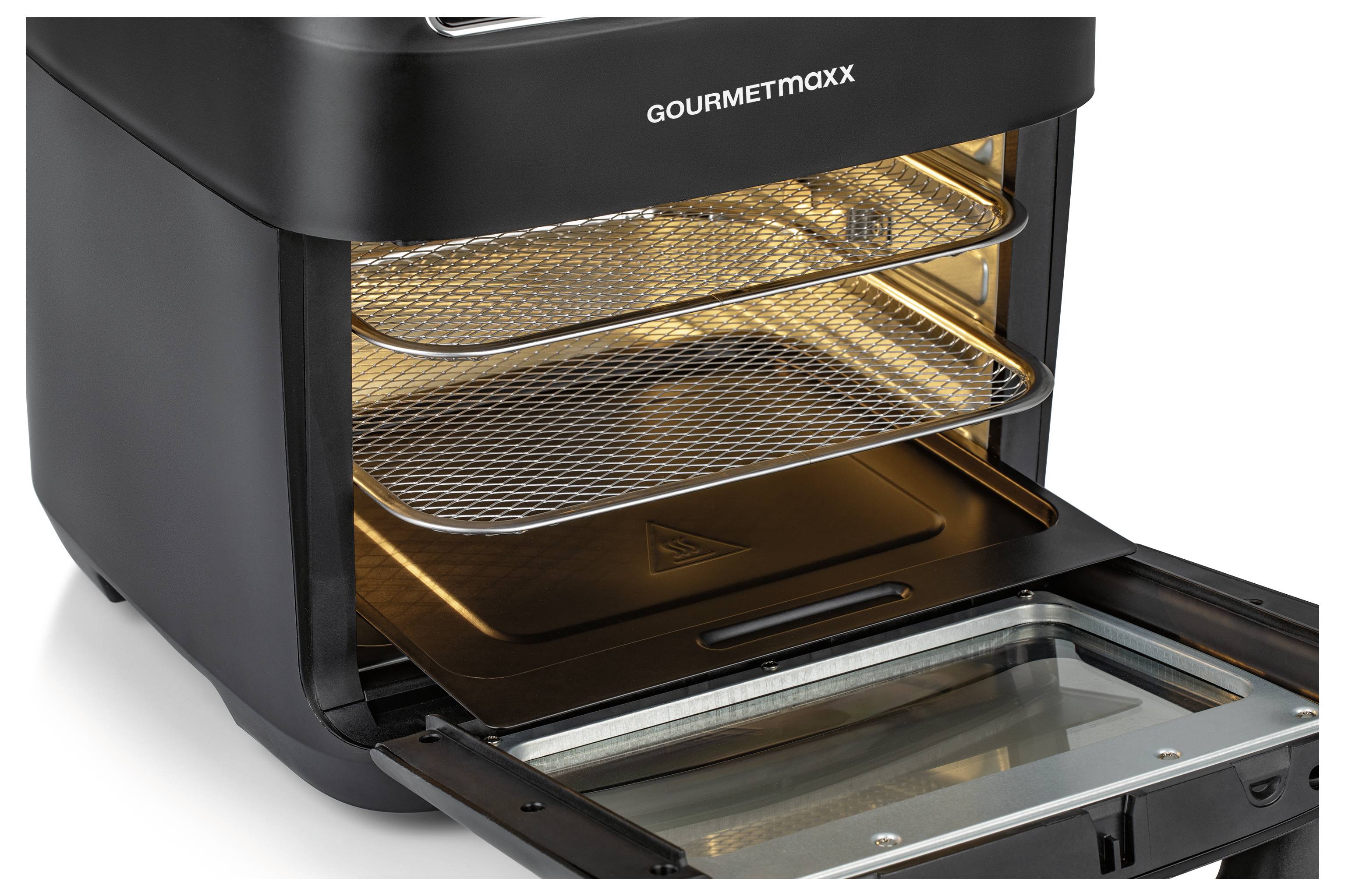 Ein Arbeitsplatzofen mit einer geöffneten Scharnierdeckeltür, der drei Drahtroste zeigt und eine Innenbeleuchtung, die den Innenraum des Ofens beleuchtet.